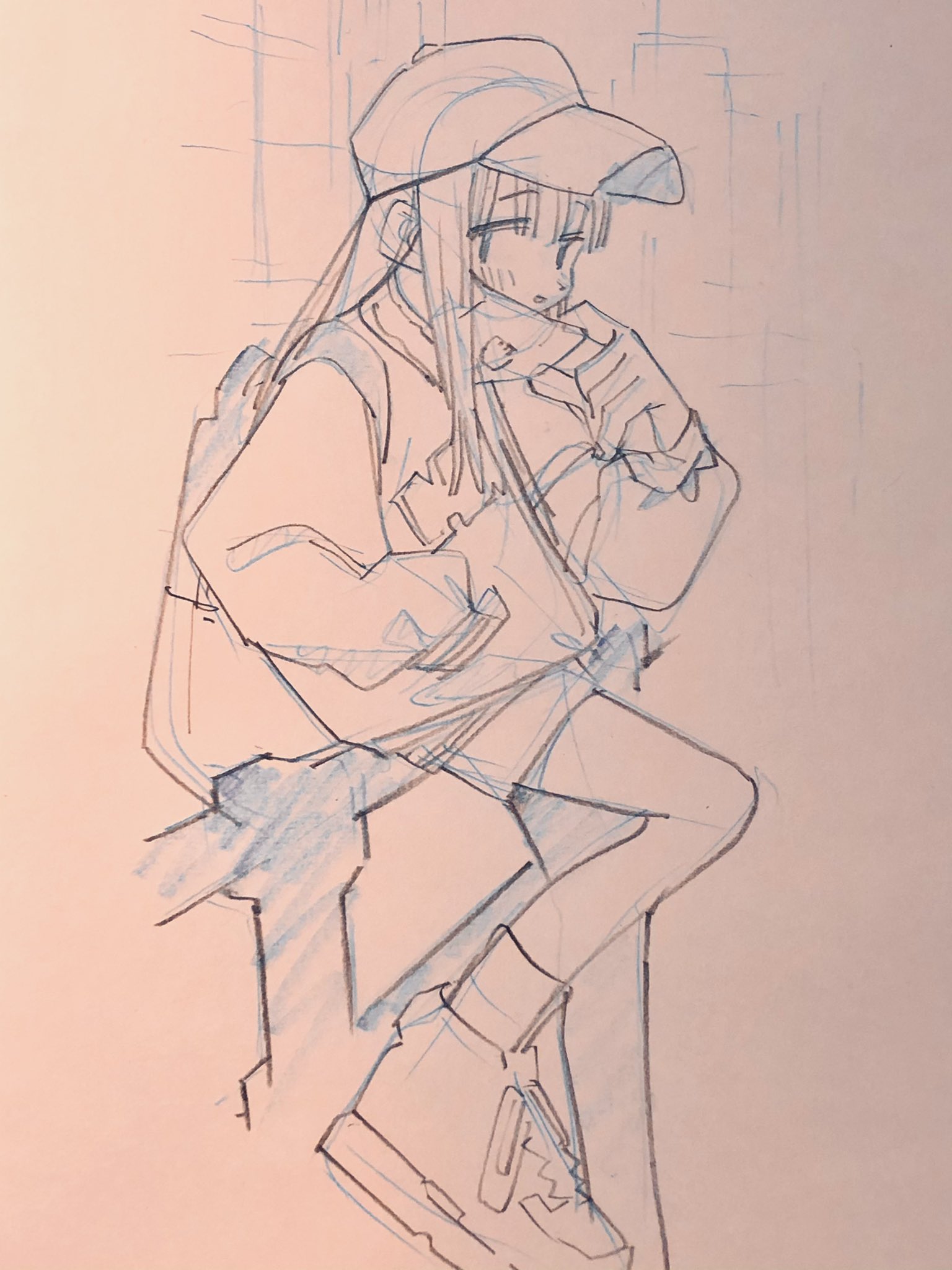 a black and white sketch of a girl wearing a baseball cap, jacket and sneakers, sitting on a ledge. she is holding her chin with her hand as if deep in thought.