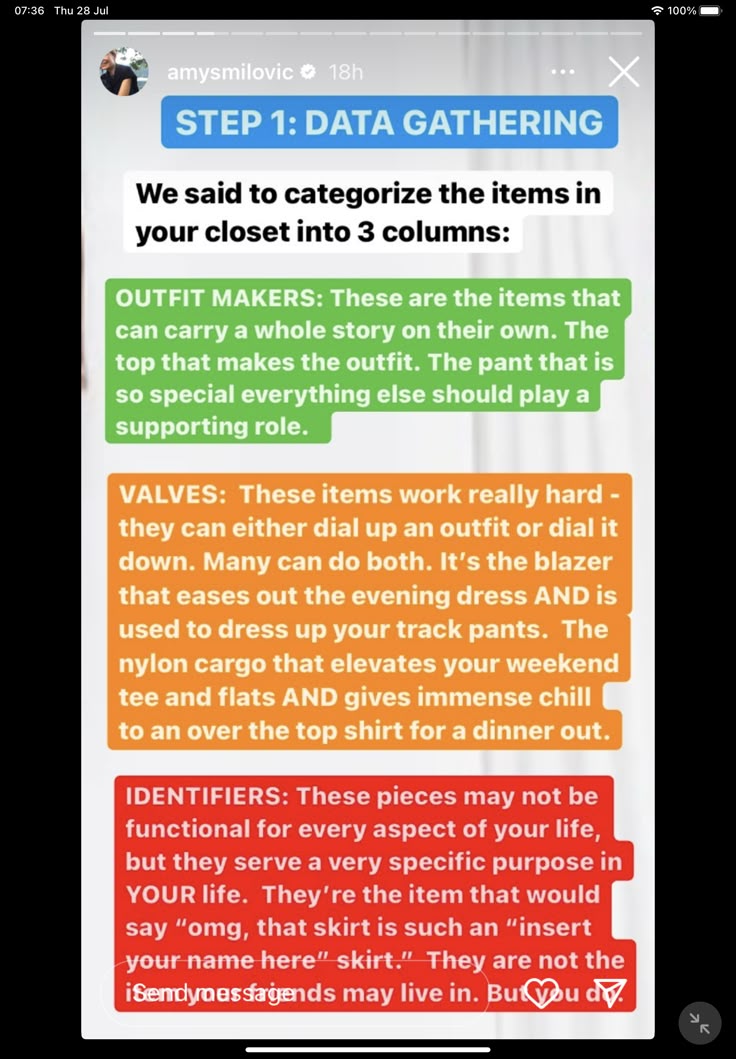 the image shows a social media post by amysmilovic about categorizing clothing items in a closet into three columns: outfit makers, valves, and identifiers. the post describes each category with examples and explanations.