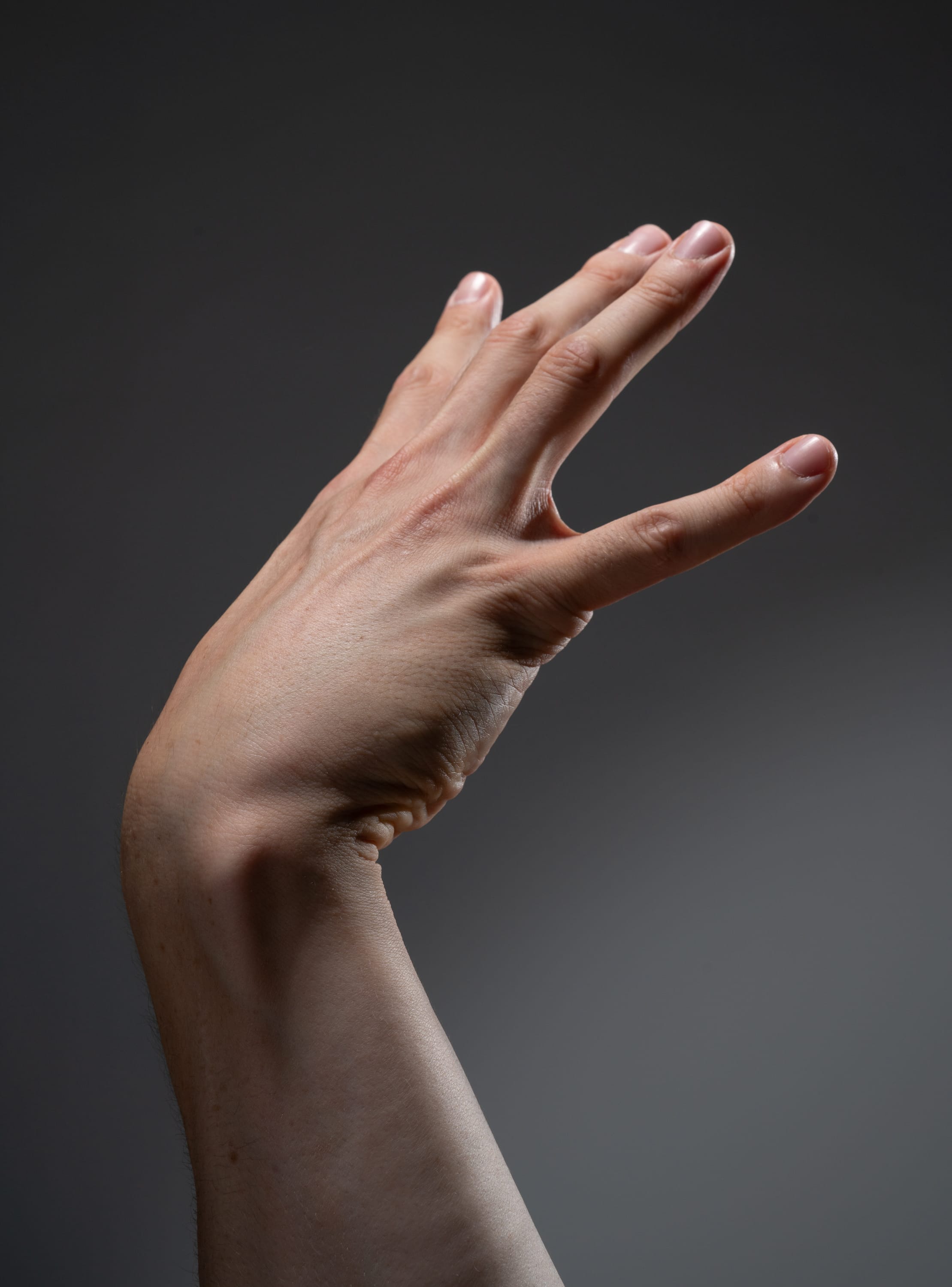 a man's left hand is reaching upward against a gray background. the hand is slightly angled and illuminated with soft light, highlighting the contours and texture of the skin.