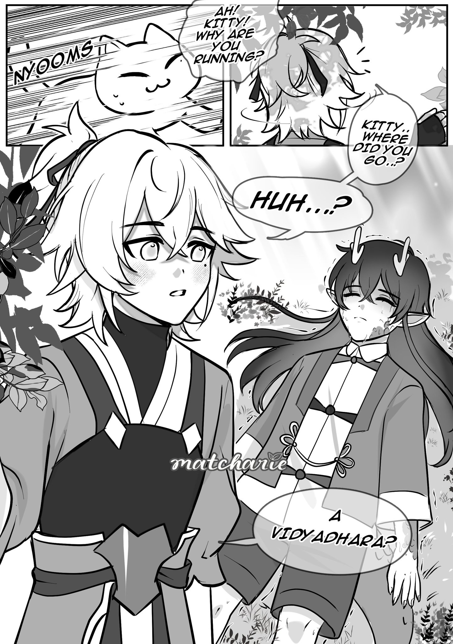 the image is a comic panel featuring two anime characters. the character on the left is a young man with white hair and blue eyes, wearing a kimono and looking surprised. the character on the right is a young woman with black hair and red eyes, wearing a kimono and lying down on the ground. she appears to be unconscious. there is a speech bubble above the woman's head saying "kitty.. where did you go..?" and another speech bubble above the man's head saying "huh...?". the man appears to be looking at the woman, while the woman is looking up at the sky. the background of the image is a forest setting with flowers and trees. in the top left corner of the image, a cat is running and a sound effect "nyooms" is written. above the cat is a speech bubble saying "ah! kitty! why are you running?".