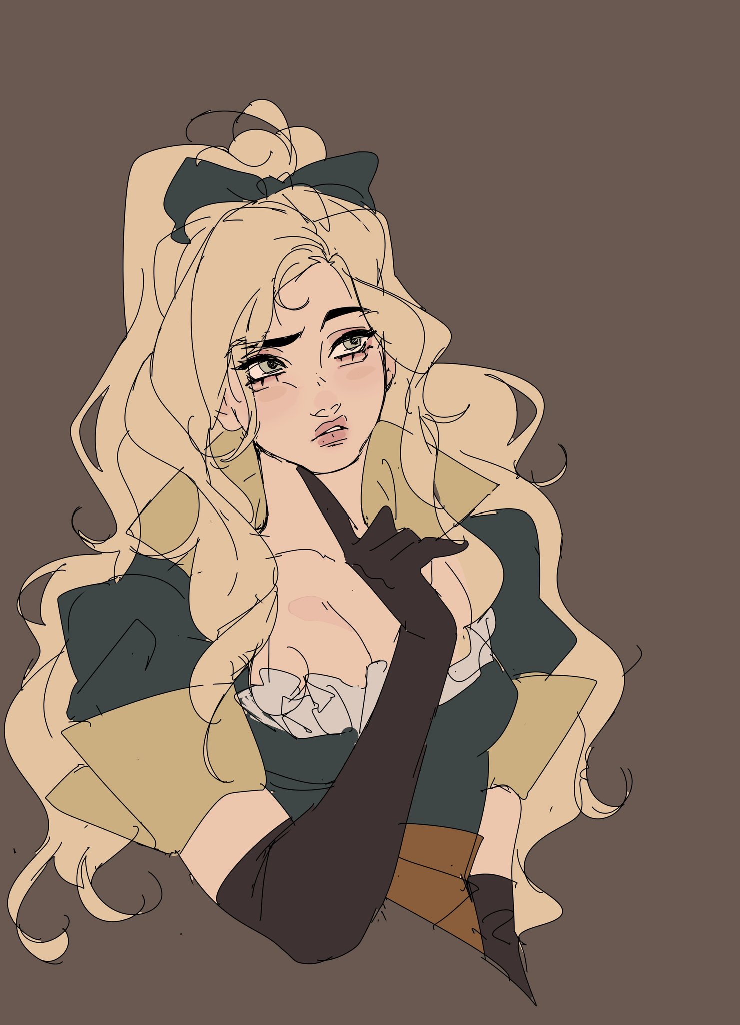 a cartoon drawing of a blonde woman with long hair tied back in a ponytail with a black bow. she's wearing a black dress with a white collar and brown sash, as well as a pair of black gloves. she's looking up to the side and her facial expression is one of thoughtfulness.