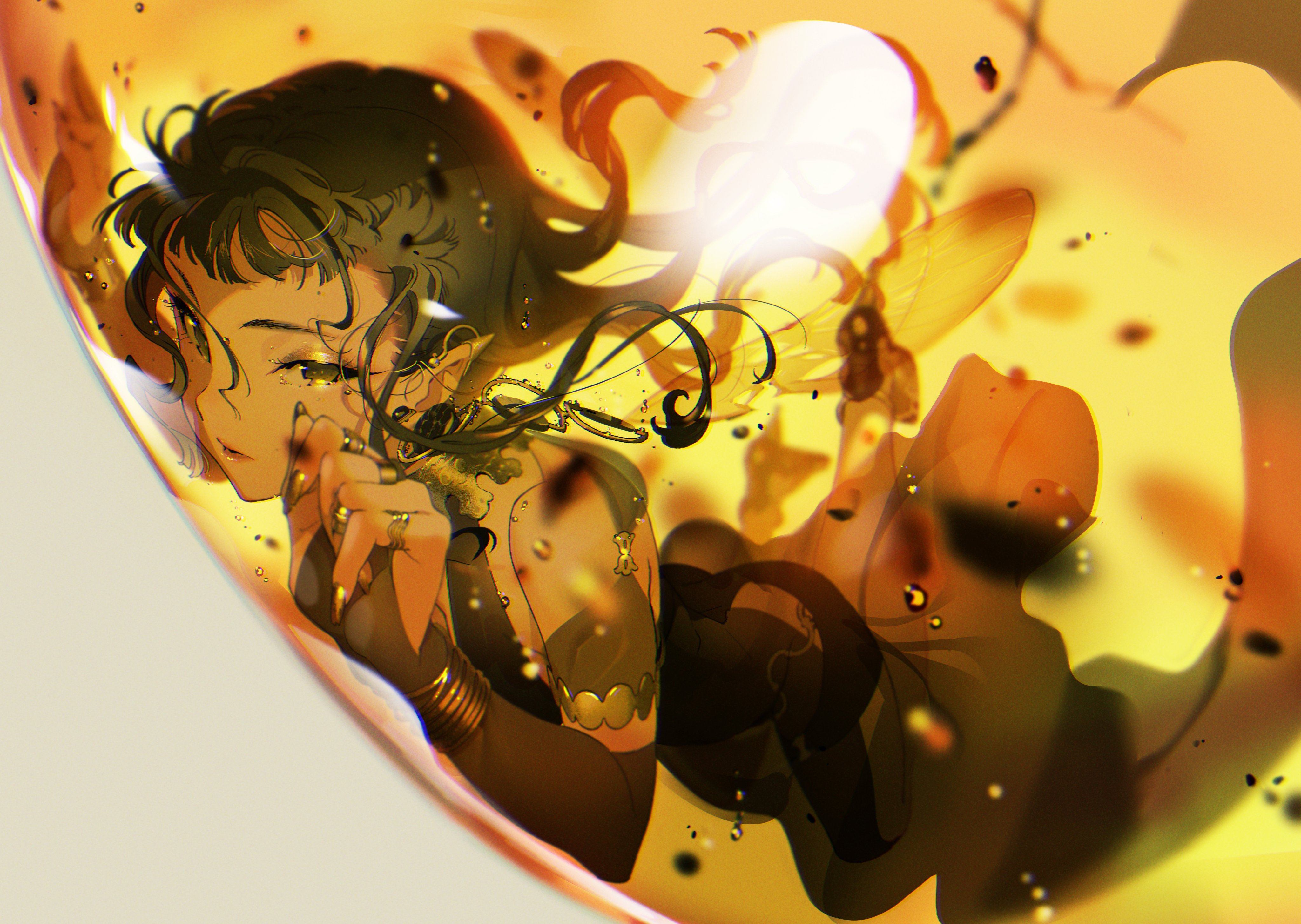 a young woman with flowing dark hair is depicted seemingly trapped inside a large piece of amber. she wears an ornate, flowing dress and her expression is serene yet melancholic.  the warm, translucent amber surrounds her, preserving her beauty while hinting at a tragic fate.