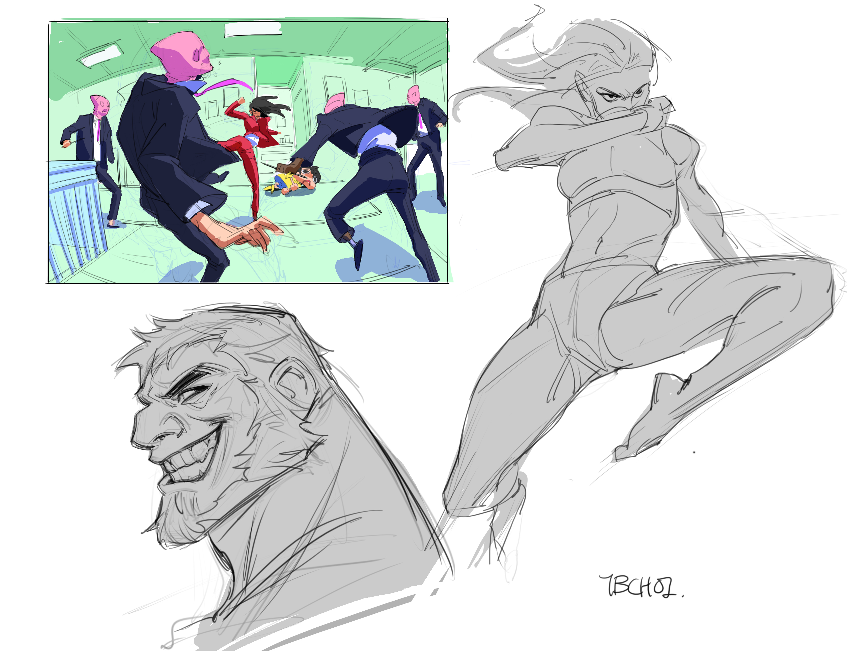 the image presents a collection of digital art sketches and a finished color illustration.  the top section shows a finished color illustration depicting a dynamic fight scene. a woman in red kicks a man in a suit; other men in suits with pink heads are involved in the fight, which appears to take place in a modern, clinical setting. below this, there are two grayscale character sketches. one is a closeup of a man’s head and shoulders showing a smirking, serious expression. the other is a dynamic fullbody sketch of a woman in a fighting pose, possibly executing a kick.  the style is energetic and expressive, suggestive of a comic book or graphic novel. the artwork shows different stages of the design process from initial character sketches to a completed scene.