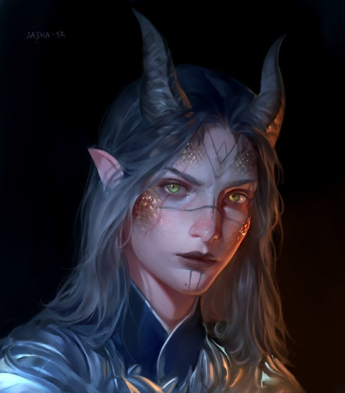 a digital painting of a fantasy character, likely a halfelf, halfdemon hybrid. they have pale skin, long silver hair, pointed ears, and glowing green eyes.  two curved horns protrude from their forehead.  their face is adorned with markings that shimmer like scales. they wear a dark blue garment suggestive of armor, hinting at a warrior class. the background is dark, illuminated by a warm, unseen light source coming from the left, creating dramatic chiaroscuro lighting. the portrait is framed as a closeup, drawing focus to the character's intense gaze.