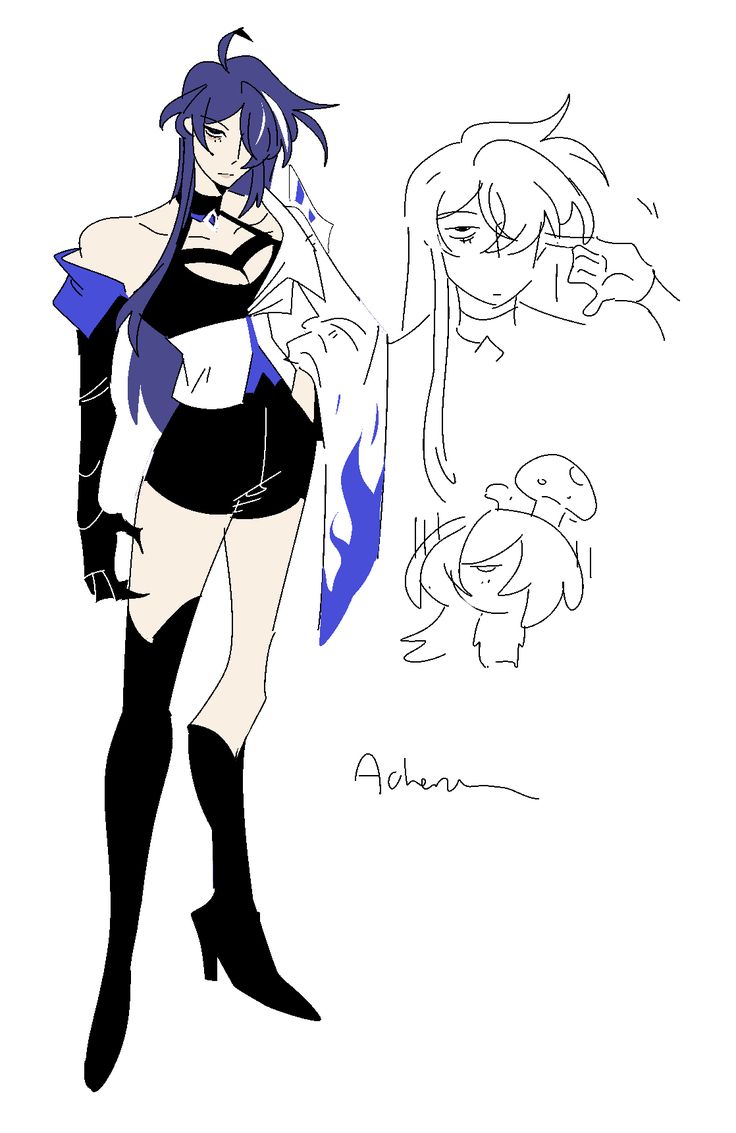 a digital illustration of a young woman in an anime style. she has black hair and is wearing a white dress with blue accents and black boots.  she is standing in a confident pose with a slight smirk on her face.