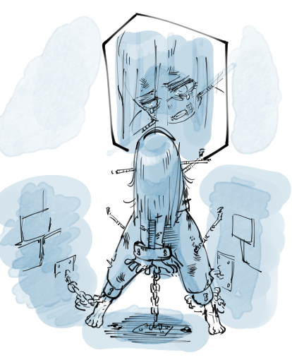 a woman is chained to the floor, her body bound and her hands tied behind her back. she is looking at her own reflection in a mirror, which is cracked and broken, and is crying tears of sorrow. the woman is in a prison cell, surrounded by the cold, hard walls of her confinement. the image is filled with a sense of despair and distress, and it speaks to the pain of being trapped and alone.