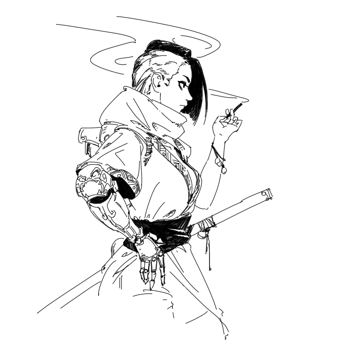 the image is a line drawing of a cyberpunk samurai woman. she has a short, styled haircut, robotic arm, and is wearing a kimonolike garment. she is holding a katana and smoking a cigarette. the style is anime/manga influenced, with dynamic lines and a focus on attitude and character.  a stylized halo or smoke effect surrounds her head. the overall aesthetic is dark, cool, and edgy.