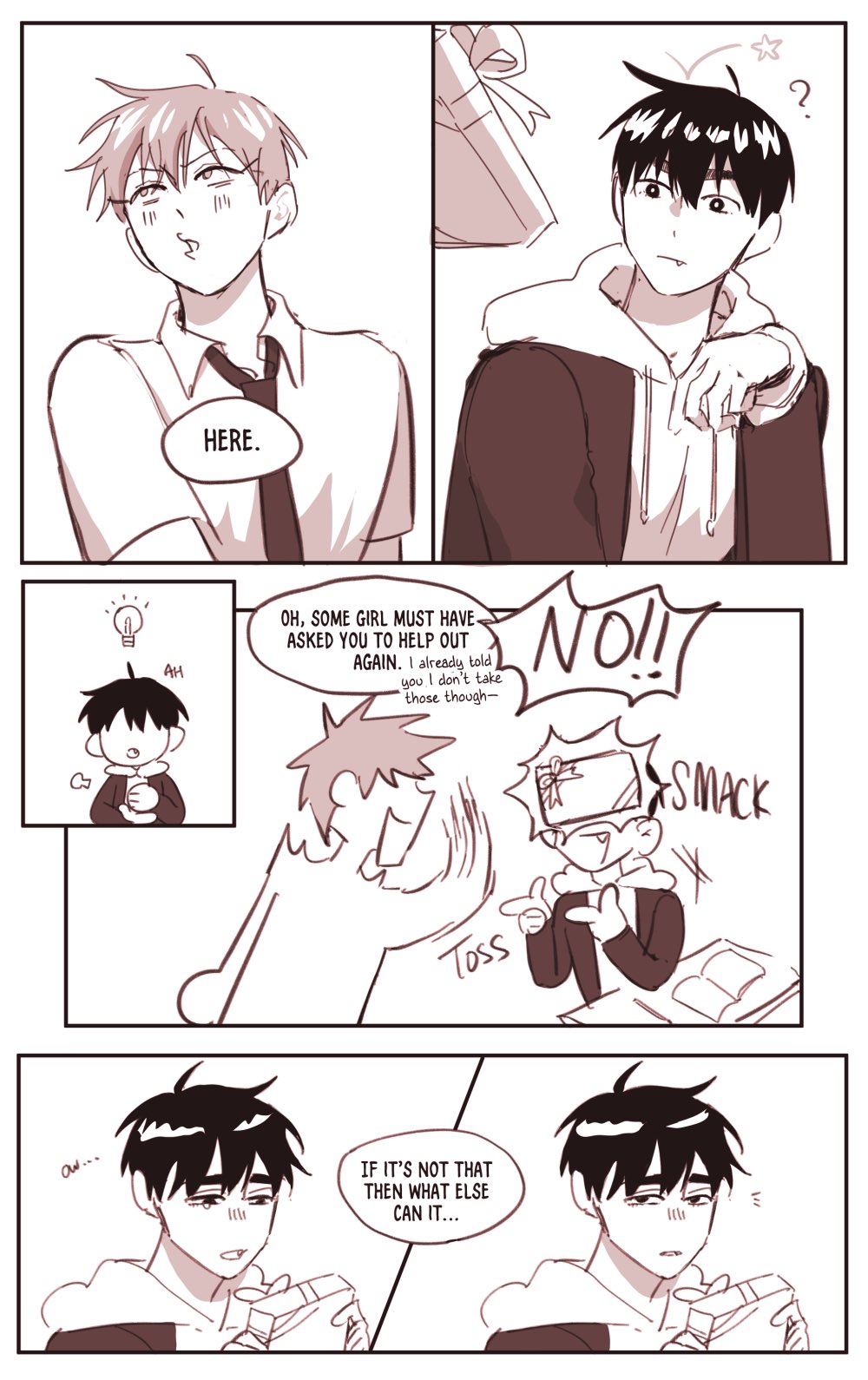 this is a comic panel featuring multiple characters. the left side shows a boy with red hair and a white shirt telling a second boy that a girl asked him for help. the second boy is wearing a black jacket with a white hoodie pulled over his head, and he has black hair. he says "no!" and throws a gift box at the boy on the right side. the boy on the right side is also wearing a black jacket, but his white hoodie is over his shoulders. he says "smack!" the panel is set in a school hallway and the characters seem to be arguing.