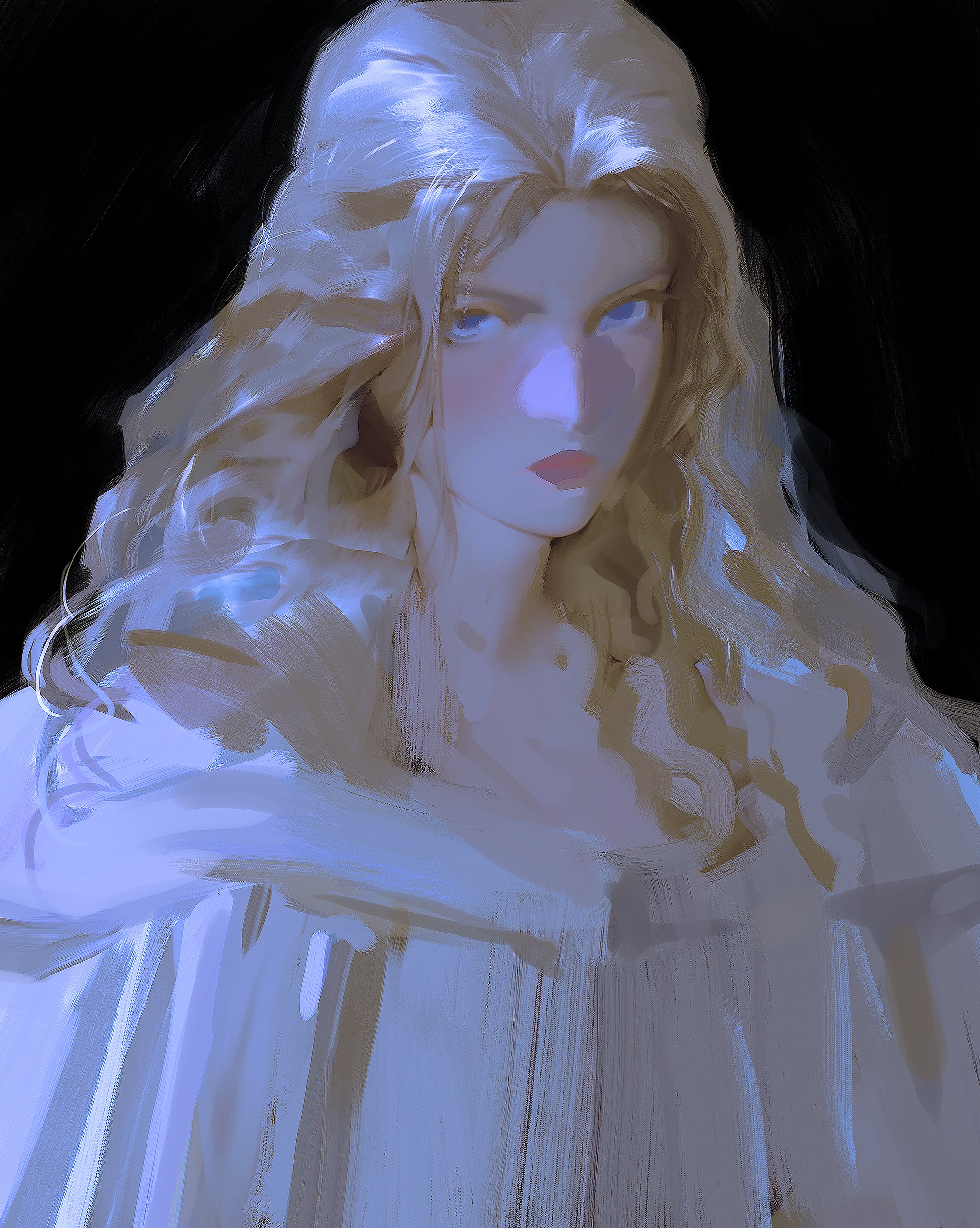 this is a digital painting of a woman with long blonde hair and blue eyes. she is wearing a white dress and her face is partially obscured by her hair. the painting is done in a soft, dreamy style and has an ethereal feel. the woman's expression is mysterious and she appears to be lost in thought. the overall impression of the painting is one of beauty, elegance, and mystery.