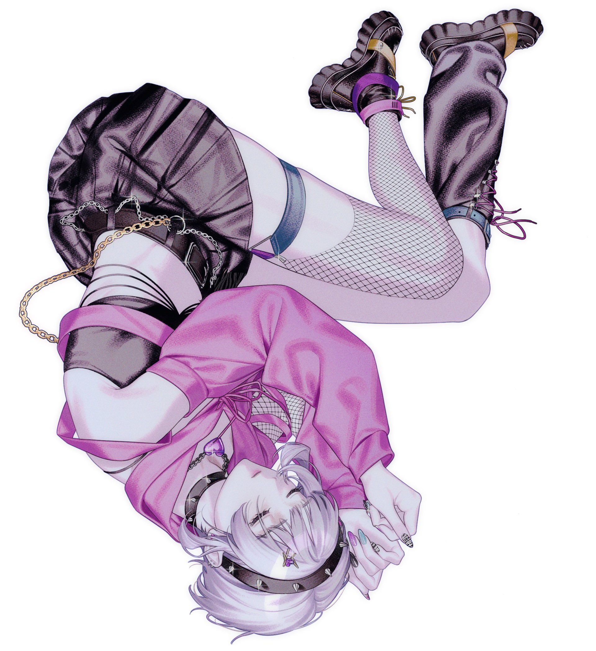 the image is a digital illustration of an animestyle girl. she has long, light purple hair and is wearing a pink hoodie, a black pleated skirt, fishnet stockings, and chunky black boots with gold accents.  she's accessorized with several chains, a choker, and other jewelry.  she's lying on her side, seemingly relaxed or asleep, with her legs slightly elevated. the art style is soft and pastel, but with a slightly grungy and edgy touch due to the clothing and accessories. the overall feeling is cute, pretty, and stylish.