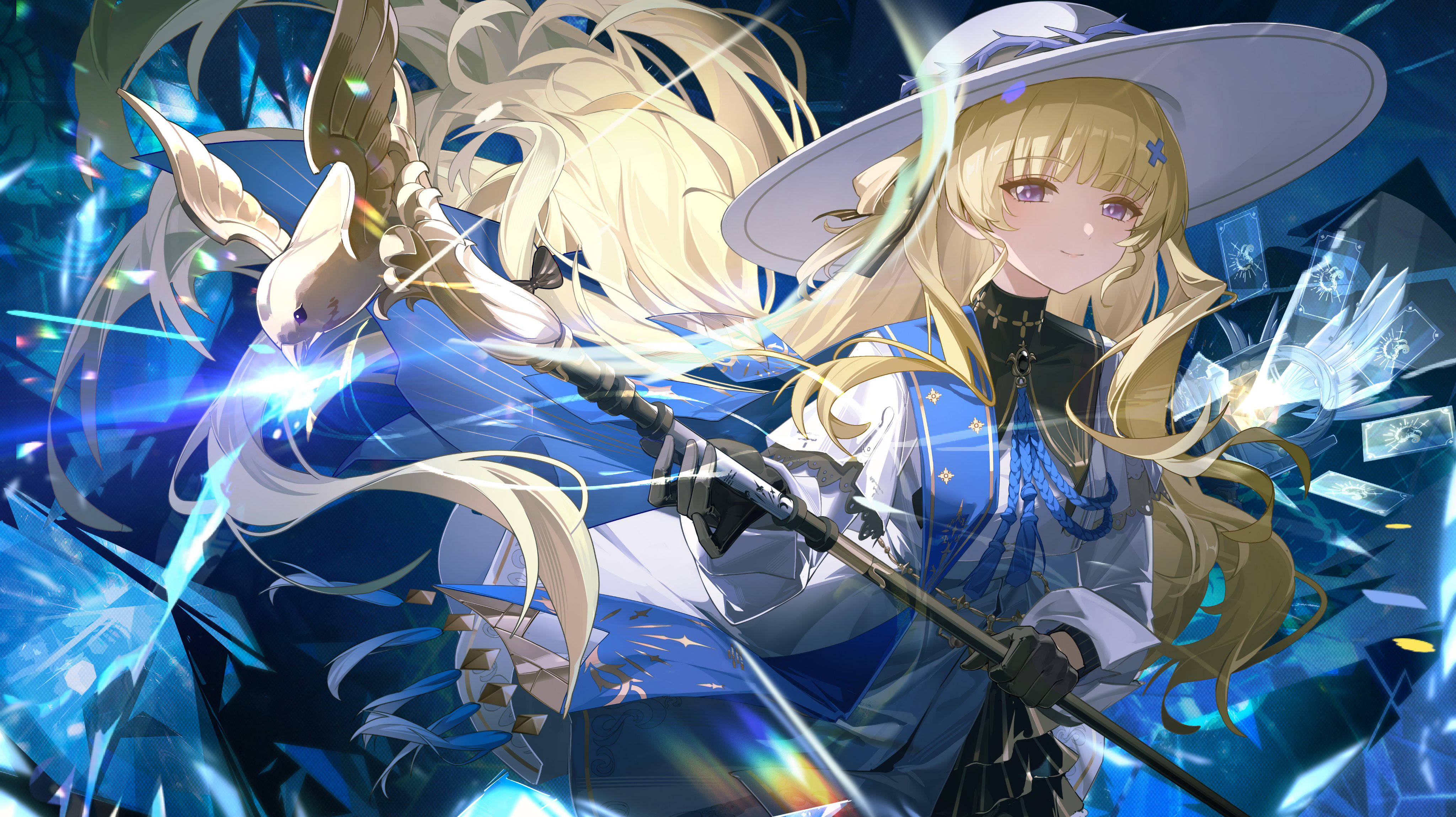a digital illustration of an animestyle girl with blonde hair, wearing a widebrimmed white hat and a blue and white outfit with gold accents. she's holding a staff in her left hand, and a white bird with glowing eyes is perched near her on the left. the background is a mix of blue and white abstract shapes, suggesting a magical or fantasy setting. she has violet eyes and a small smile. cards can be seen near her right hand.