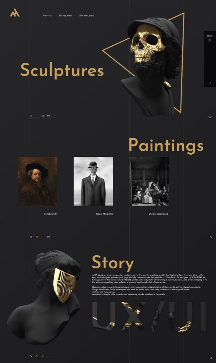 this image is a screenshot of a website for an art gallery. the website is designed in black and gold with a minimalist aesthetic. the website features a header with the gallery's name and a menu with links to different sections of the website. the website also features a slideshow of images of sculptures and paintings. the website is designed to be userfriendly and visually appealing.