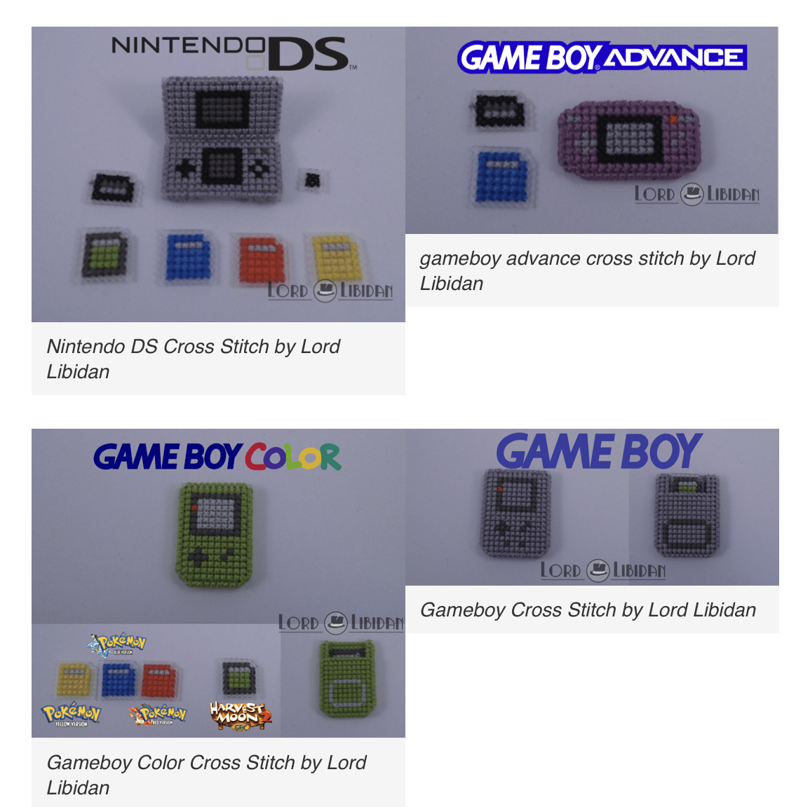 this image shows four different cross stitch designs of classic nintendo handheld gaming consoles. the top left image is a nintendo ds, the top right is a game boy advance, the bottom left is a game boy color, and the bottom right is a game boy. all of the designs are created by lord libidan and feature the iconic pixelated style of the original consoles. the images are arranged in a grid layout and showcase the intricate details and vibrant colors of each cross stitch piece.