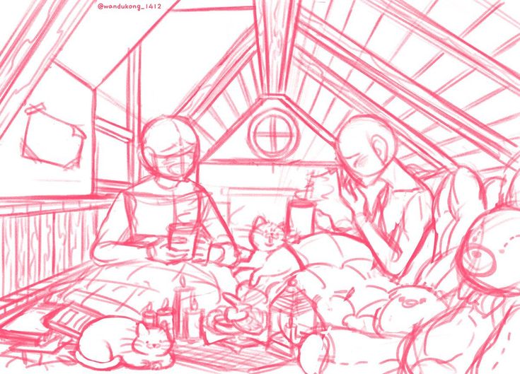 this is a digital sketch of a couple in an attic space. they are sitting near a window, with a cat on a book nearby. the man is holding a mug, the woman is holding a cup. the woman is leaning on the man's shoulder. there are many other things in the space, like a blanket, candles and pillows. it's a cozy and warm scene.