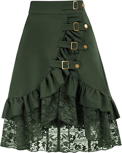 a green skirt is pictured, featuring decorative buckles on one side and a lace trim at the bottom with ruffle details. the skirt has a vintage or gothic style appearance.