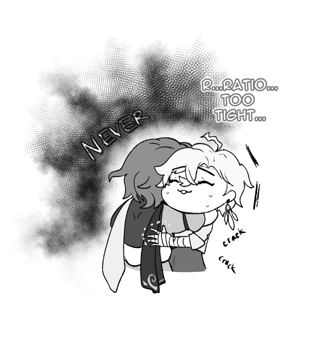 the image is a grayscale cartoon drawing depicting two chibistyle characters in a tight embrace.  the character on the right has a noticeably larger head and smaller body compared to the character on the left, creating a humorous disproportionate body ratio. the left character's arms are wrapped around the right character's waist, causing the right character to be slightly squished.  a speech bubble above them indicates that the hug is "too tight".  cracks are visible around the right character, visually representing the strain of the hug. a dark, textured splatter effect surrounds them and the word "never" appears next to the characters. the overall style is reminiscent of a comic strip or online webcomic.