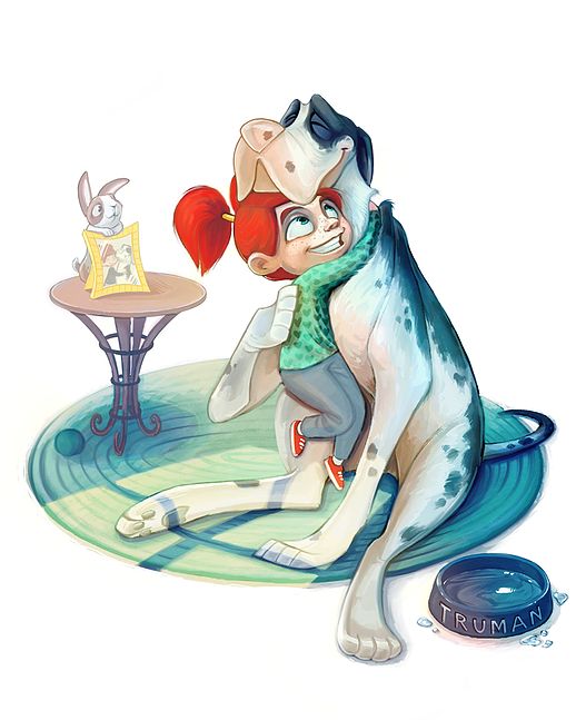 an illustration features a girl hugging a large dog, suggesting a close bond and affection. the girl has red hair and is wearing a green patterned shirt and jeans. the dog is white with black markings, possibly a great dane or similar breed. they are on a patterned rug. near them, there is a small table with a framed picture of a rabbit on it, which adds a touch of whimsy to the scene. at the bottom right, a dog bowl with the name "truman" is present, indicating the dog's name. the overall style is reminiscent of a cartoon or animated film, creating a warm and cheerful atmosphere.
