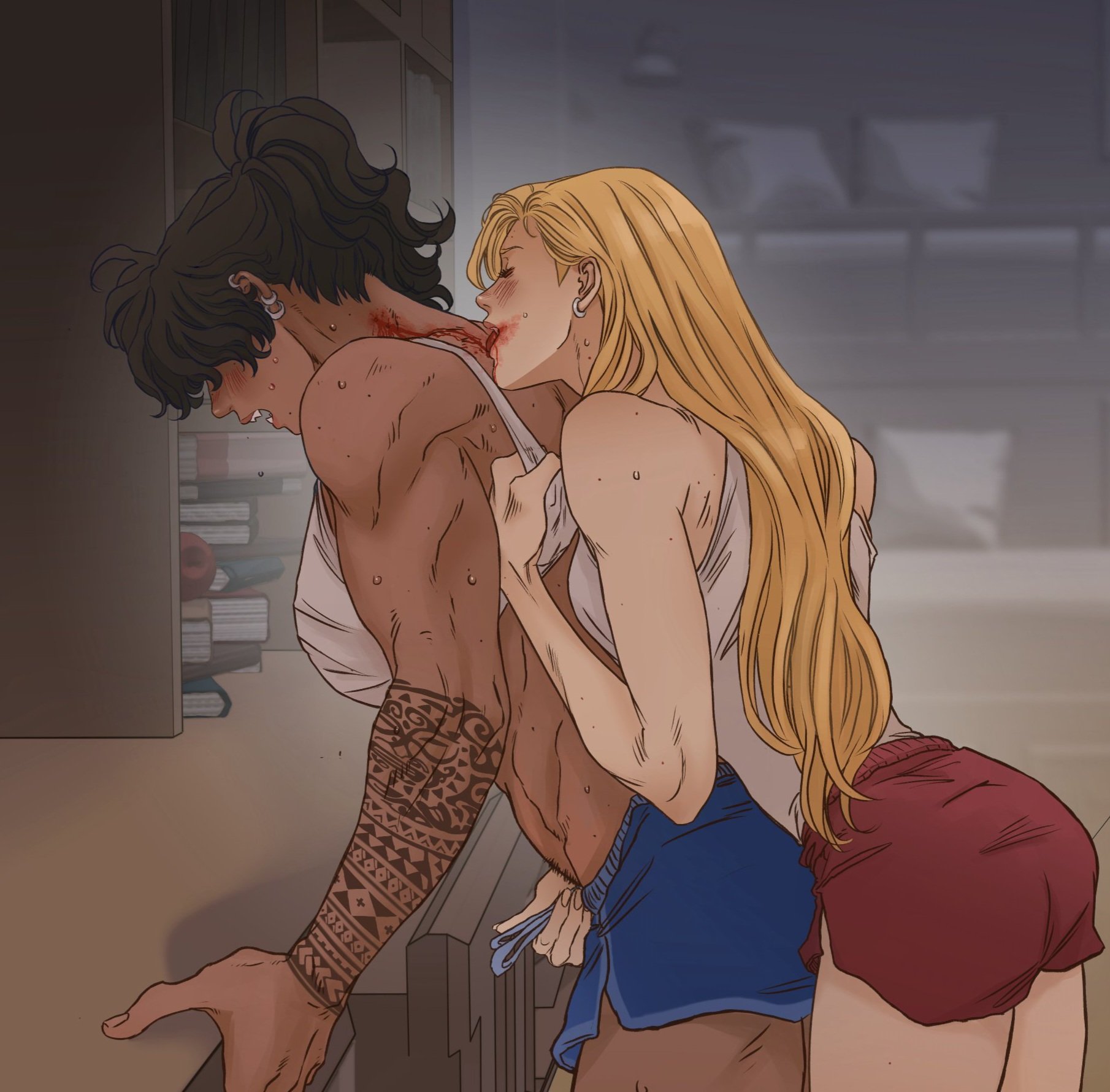 a drawing of a woman with blond hair biting the neck of a man with a tattoo on his arm. they are in a bedroom setting. blood is visible on their lips and neck.