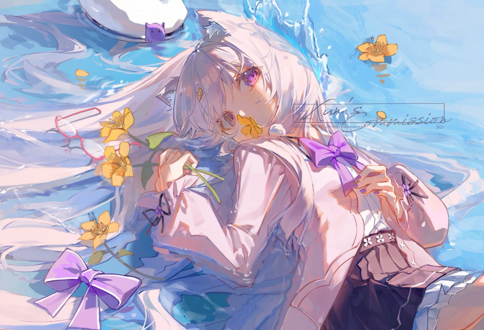 the image is a digital painting of an anime girl with long, flowing white and purple hair and cat ears. she's wearing a pastel pink cardigan and a dark purple pleated skirt, a school uniform style. she is floating on her back in clear water, surrounded by yellow flowers and purple bows.  her eyes are a striking purple, and her overall aesthetic is dreamy and ethereal. the style is soft and painterly, with a focus on light and color. the background is a light blue suggesting sunlight reflecting on water. the artist's watermark, "kun's commission 2021," is subtly included. the overall mood is serene and peaceful.