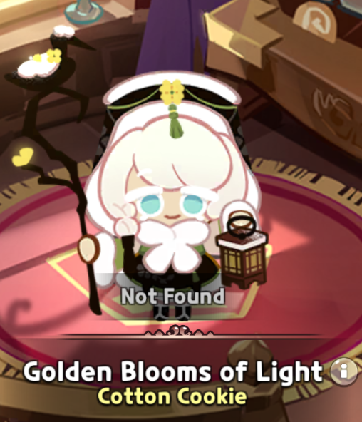a cookie run kingdom character called cotton cookie in her golden blooms of light costume is displayed on a circular red rug with a golden border, but there's a "not found" label on the image.