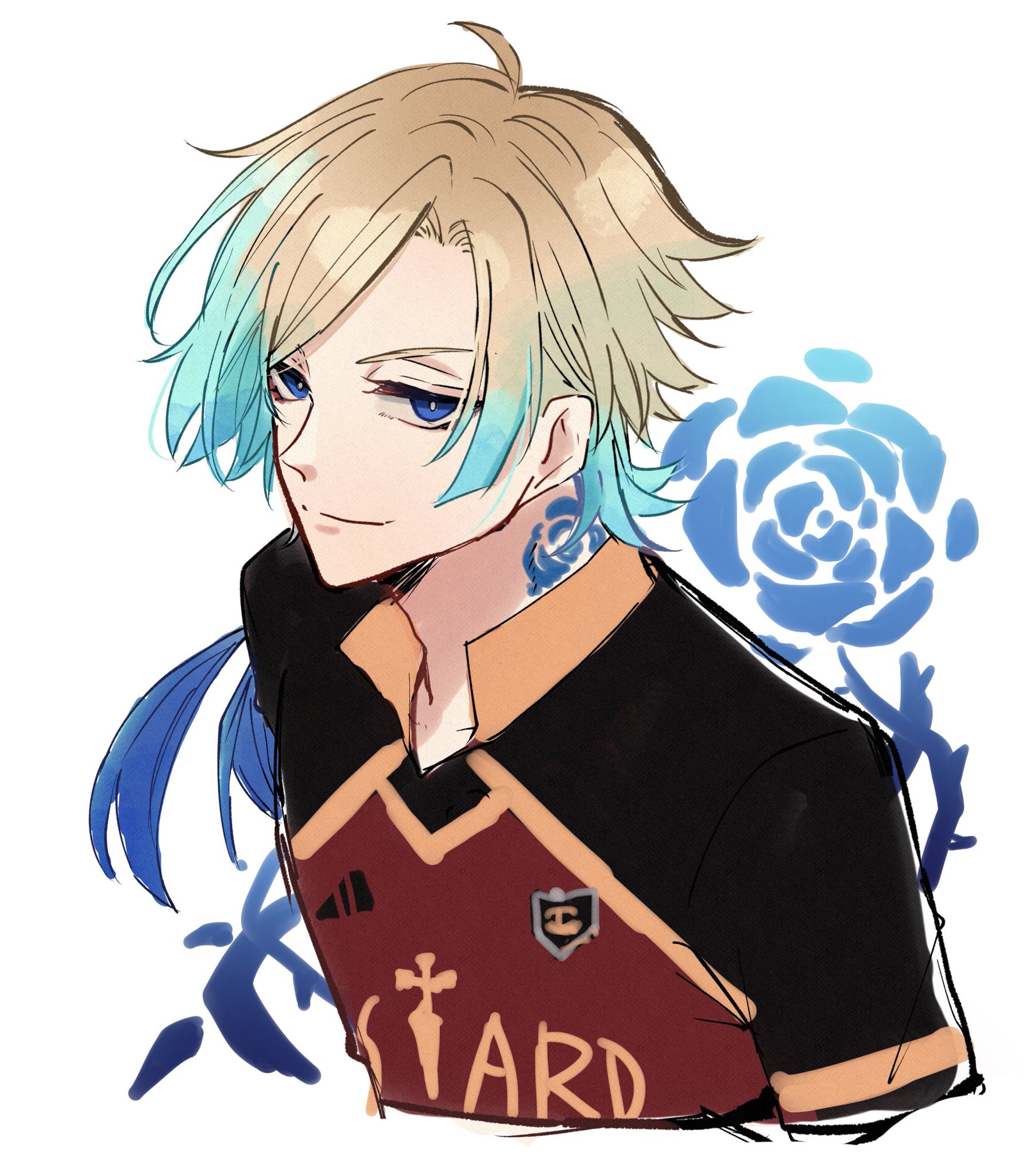 this is a digital illustration of an anime male character. he has blonde hair with blue highlights, green eyes, and is wearing a black and red shirt. he is looking at the viewer with a subtle smile. the background is a blurry blue rose.