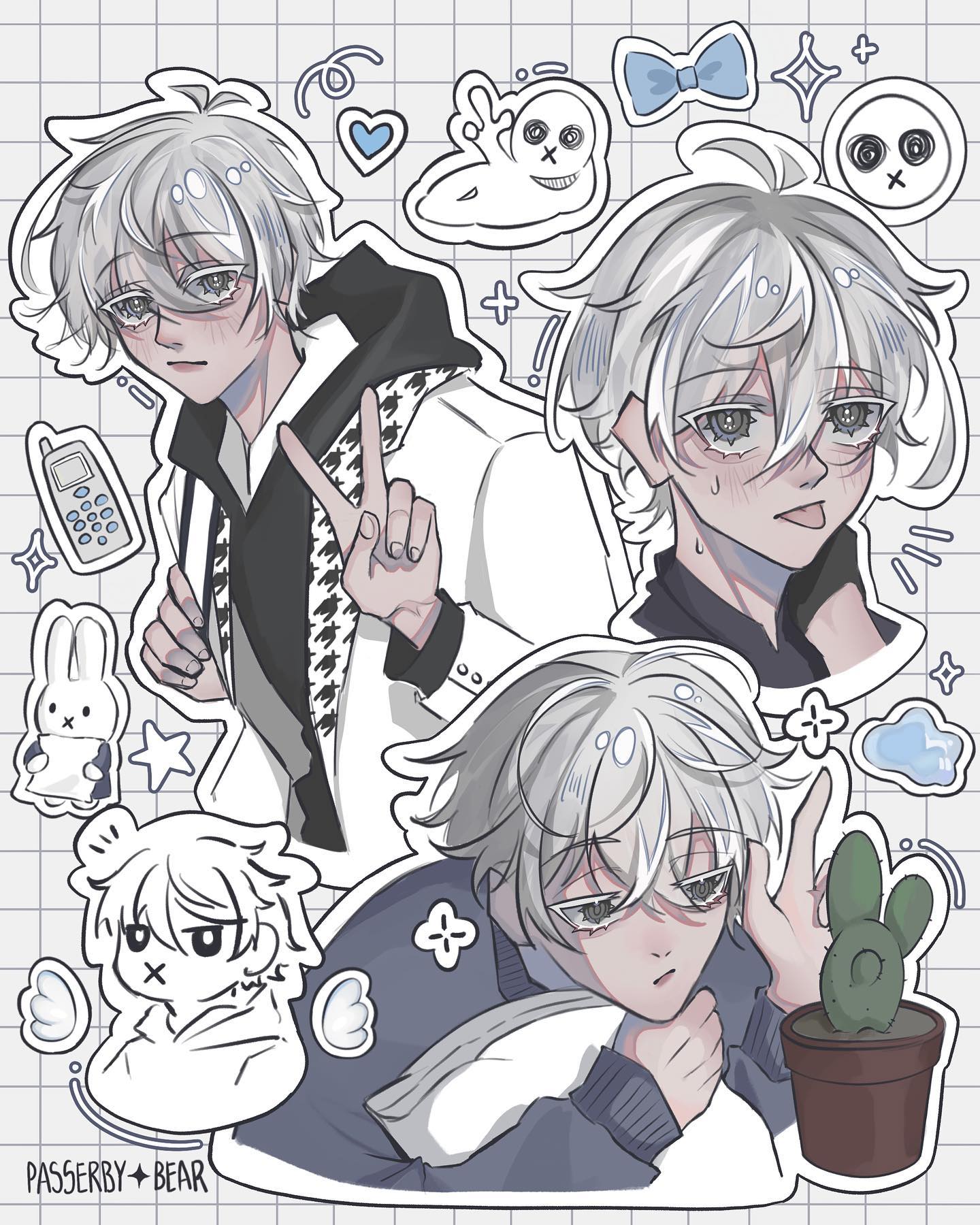 he image is a digital drawing featuring a young animestyle boy with white hair and glasses in various poses and expressions.  the main character is depicted in three different styles: a more formal, posed shot; a more emotional, slightly distressed pose; and a more relaxed, sleepy pose.  the character is surrounded by various cute stickers and doodles, including a bunny, cactus, phone, and other whimsical elements. the overall aesthetic is soft, pastel, and slightly melancholic. the style is consistent with online fanart and character design trends.  the artist's signature, "passerby + bear," is visible in the bottom left corner.