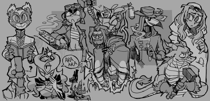 the image is a grayscale sketch of a group of eight fantasy characters. the style is loose and energetic, with exaggerated proportions and expressions. the characters are all unique and varied in design, ranging from a humanoid dog with a book to a skeletal figure in a long coat. there is a sense of action and adventure in the image, as if the characters are about to embark on a quest. the background is empty, further emphasizing the characters.
