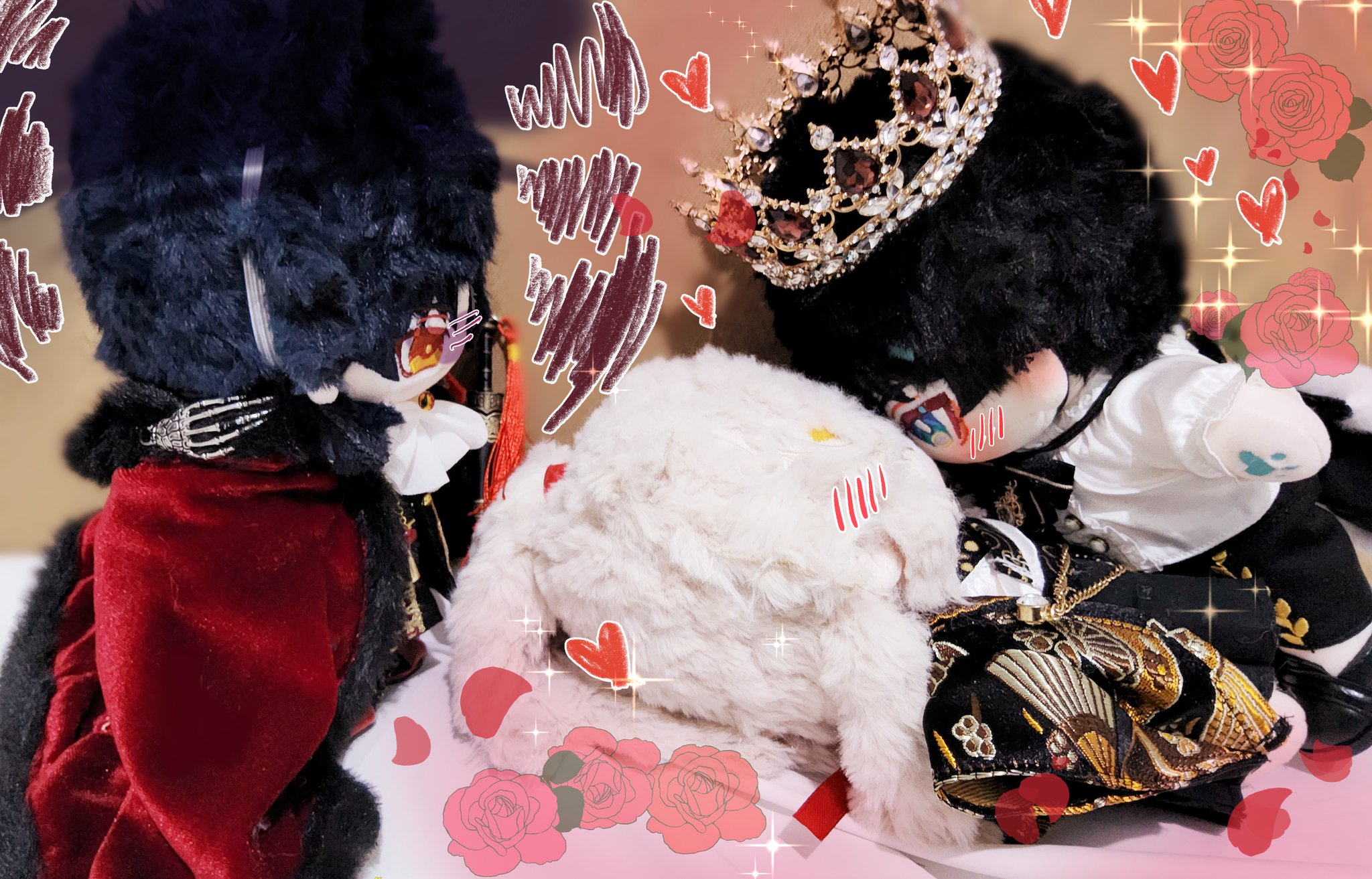 a plush toy of an anime character with black hair and a red crown is hugging a white plush toy with its head resting on the white plush toy's back. the plush toys are surrounded by hearts, roses, and other romantic imagery.