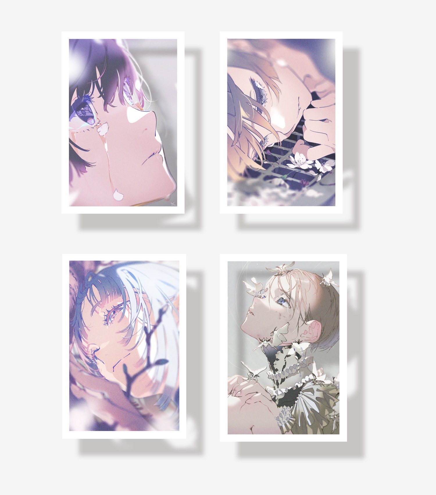 there are four closeup character portraits. they appear to be animestyled. each person is pale and drawn with soft lighting, giving them an ethereal appearance.  the art style leans toward a more painterly style with visible brush strokes.