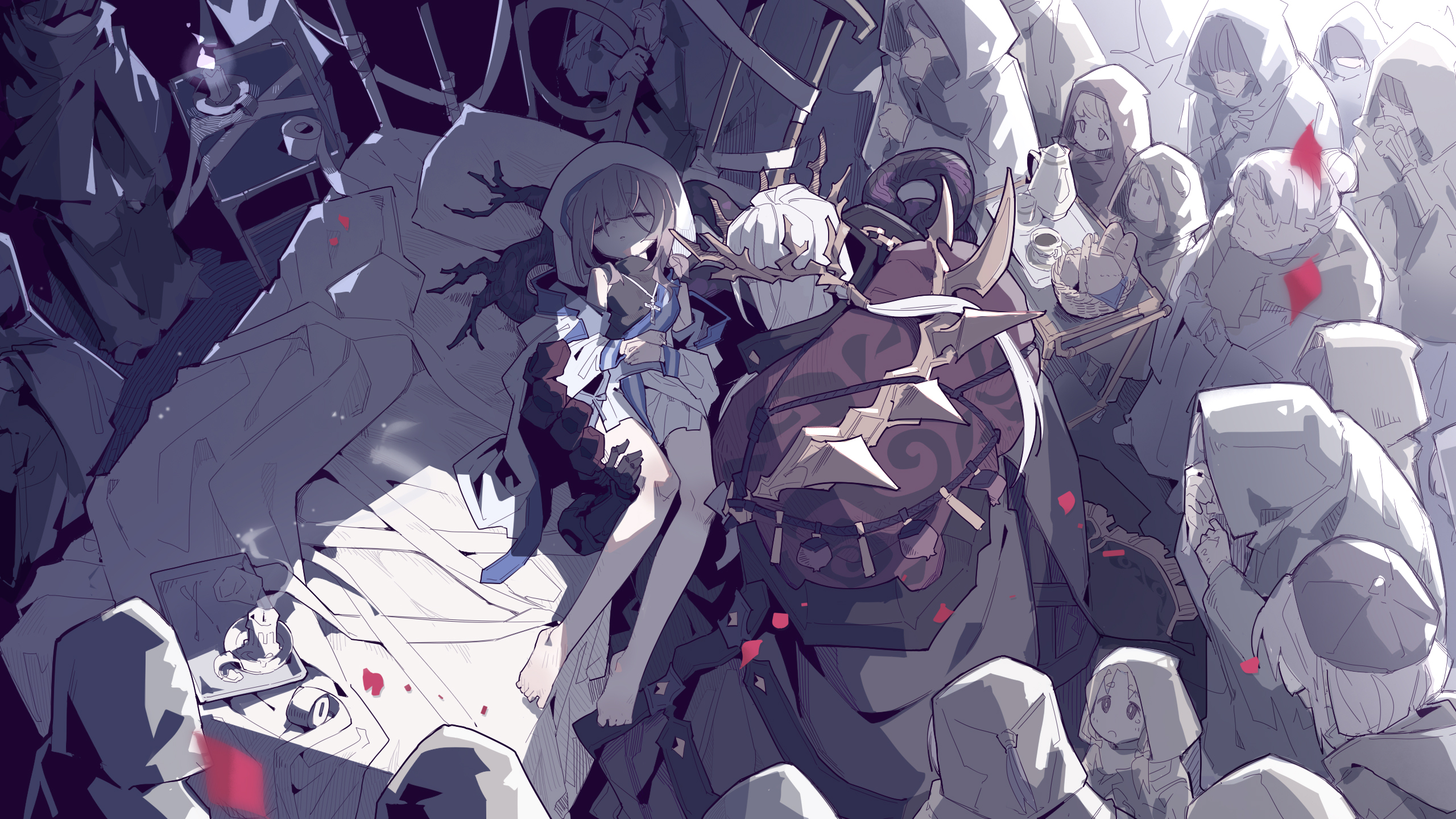 the image is an illustration in anime style featuring a young woman in a light blue dress, possibly unconscious, leaning against a large figure adorned with horns and branches. this figure is surrounded by a crowd of hooded figures in robes, creating a ritualistic or somber scene. a tea set and a burning candle are on a table nearby. red petals are scattered throughout, contributing to the atmosphere. the art style is stylized with soft colors and careful attention to light and shadow.