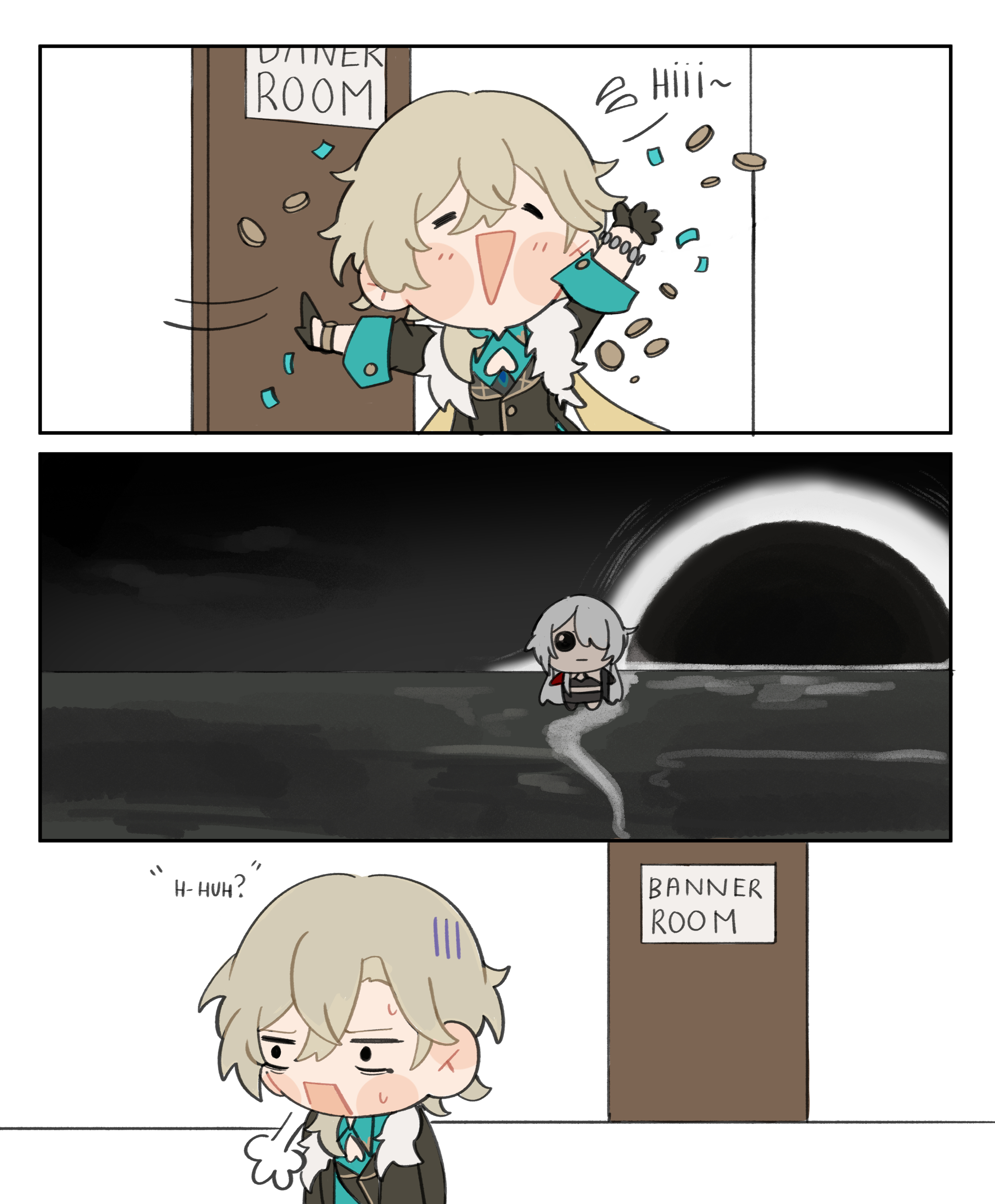 the image is a threepanel comic featuring chibi versions of the genshin impact character albedo.  in the first panel, a cheerful albedo is throwing coins out of a "banner room" door. the second panel shows a smaller, seemingly sad albedo standing by a dark, shadowy body of water, implying he's been sucked in or lost something valuable. the third panel shows albedo looking concerned and sweating, with another "banner room" sign visible. the overall tone is humorous, playing on the gacha mechanics of the game where players spend ingame currency for characters. the art style is simplistic and cute.