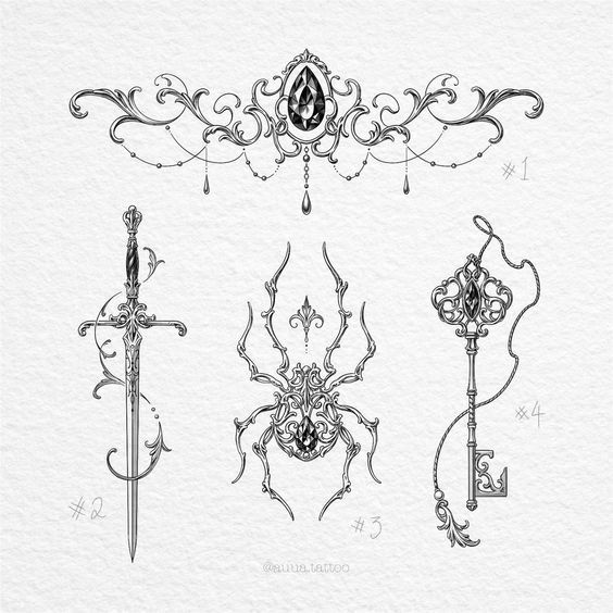 the image showcases four distinct tattoo designs rendered in a black and white style.  each design incorporates ornate, gothicinspired elements, featuring intricate details and filigree work.  the designs include: a jeweled ornamental piece suitable for placement across the collarbone or upper back, an ornate sword with swirling leaflike details, a spider with a jeweled abdomen, and an ornate key with a decorative chain.  each design is numbered for easy reference.  the style is elegant and dark, blending fantasy elements with delicate line work. the overall aesthetic suggests a theme of mystery, possibly fantasy or occult.