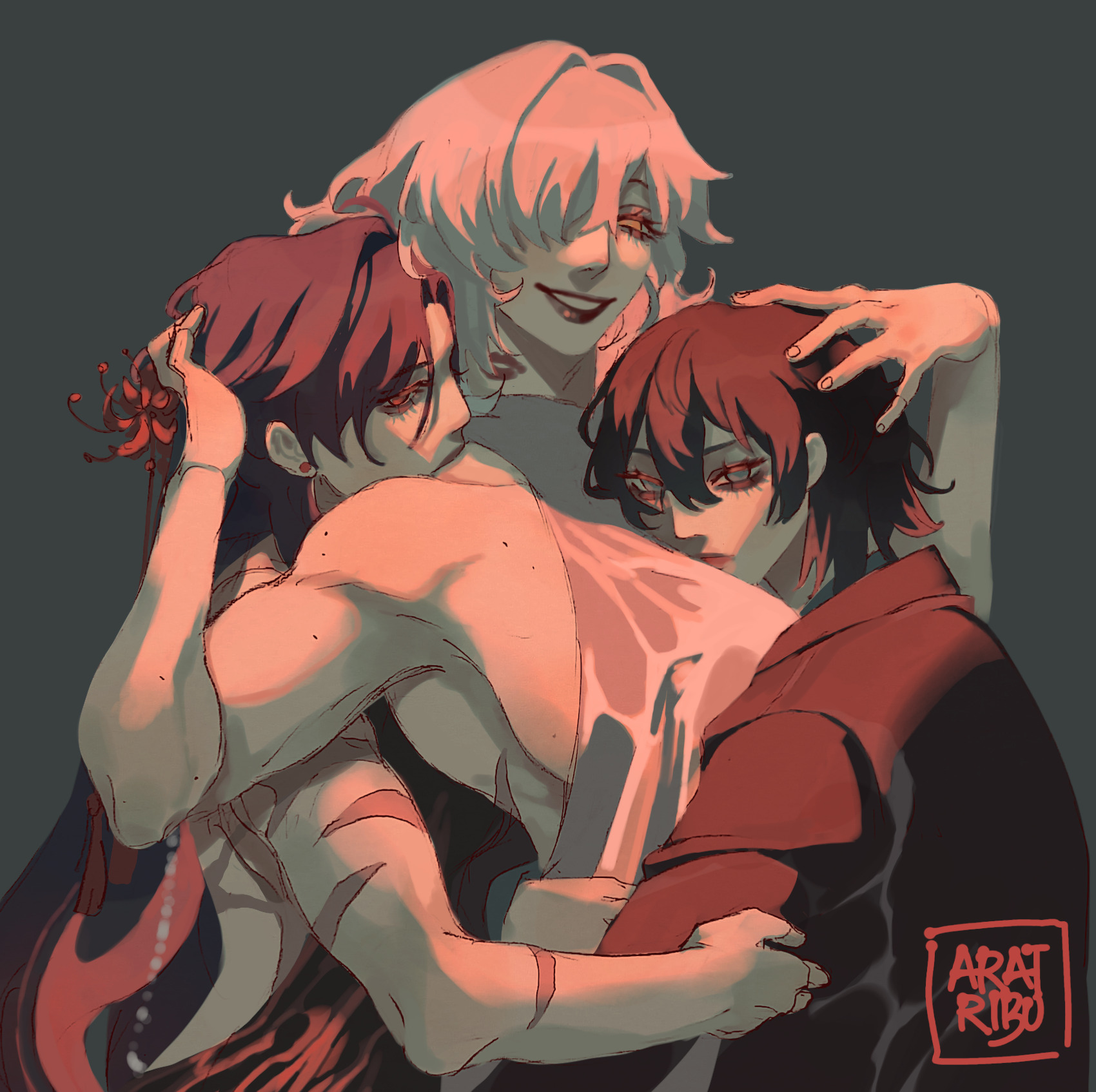 the image depicts three anime characters in a close embrace. the character on the left is a muscular young man with long black hair, holding the character in the middle, a young woman with long white hair, and the character on the right is a young man with short brown hair. the three characters are positioned in a loving embrace, and the scene appears to be a romantic one.