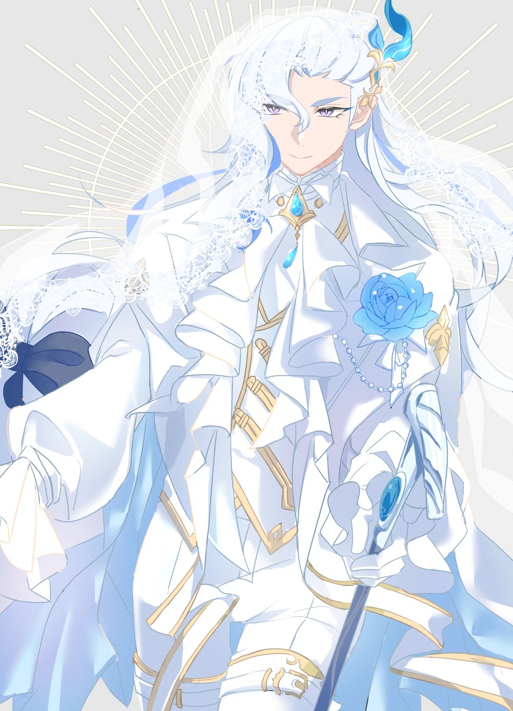 a whitehaired anime boy with blue eyes wearing a white, lacetrimmed outfit with gold accents. he is holding a silver and blue sword and has a blue rose on his jacket. his hair and outfit are very detailed. he appears to be a powerful and elegant character.