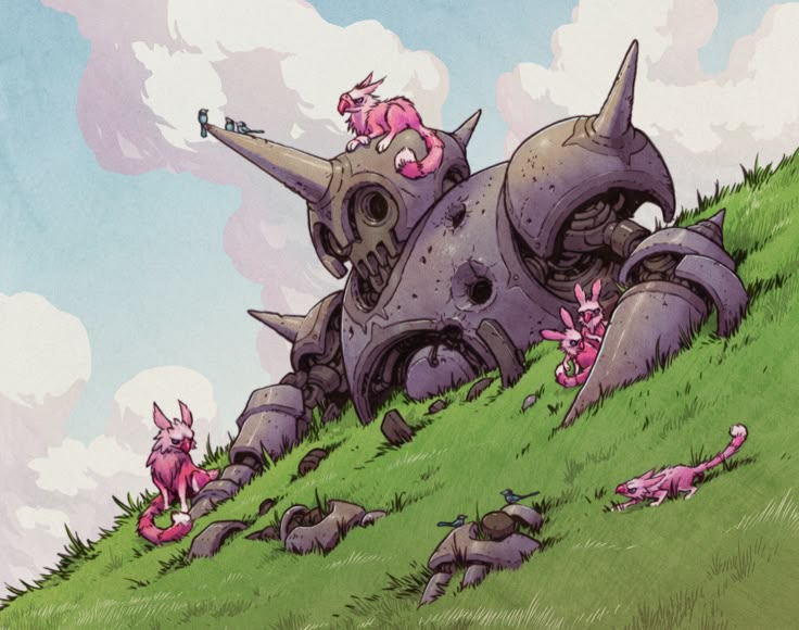 a cartoonstyle illustration shows a large, weathered robot lying on a grassy hill under a blue and white sky. the robot is grey and has a skulllike face with multiple horns and holes in its armor. pink, furry creatures with long tails, resembling a mix of cats and rabbits, are scattered around the robot: one sits on its head next to a bird, one sits at the robot's side, a pair peek out from behind one of the robot's arms, and another crawls in the grass. several small birds are perched on the stones and grass near the robot. the overall scene conveys a peaceful, postapocalyptic atmosphere where nature and fantastical creatures have reclaimed a fallen machine.