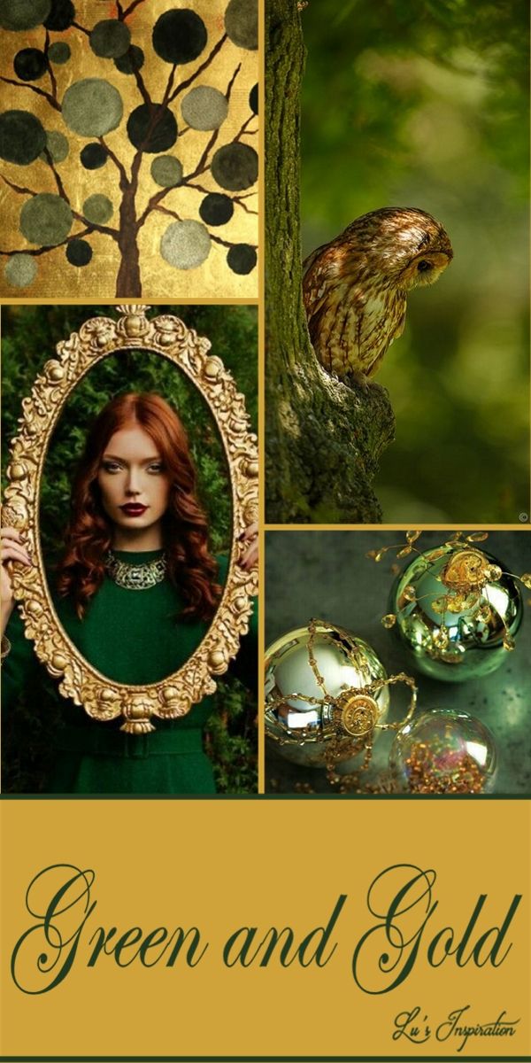 this collage is a whimsical and elegant celebration of the colors green and gold. it features a gold tree with green and silver circles, an owl perched on a tree branch, a woman looking into a golden frame mirror against a green backdrop, and a variety of gold and green christmas ornaments.