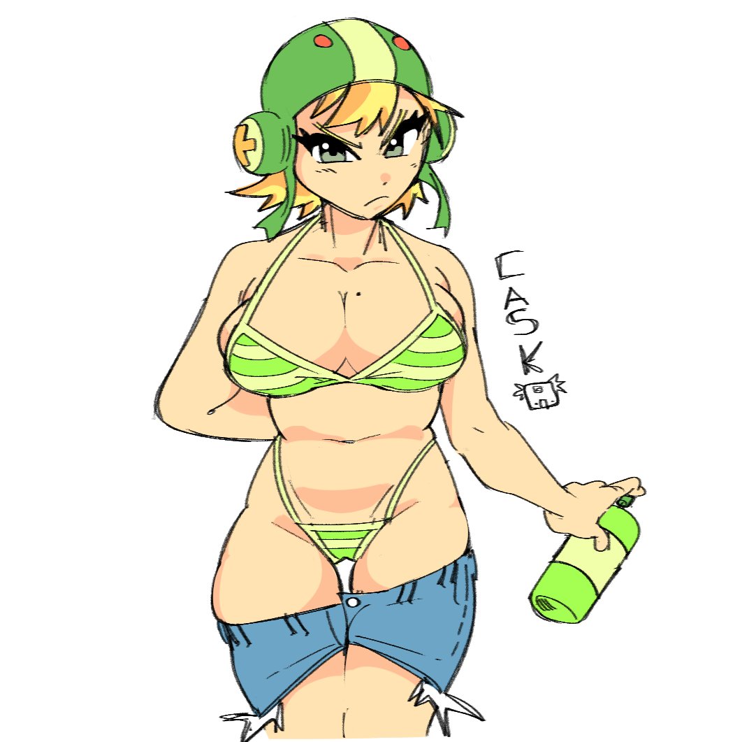 an anime girl with blonde hair and green eyes wearing a green bikini is standing with a bottle of water in her hand. she is wearing a green hat and her denim shorts are unbuttoned. she is smiling. she is standing on a white background.
