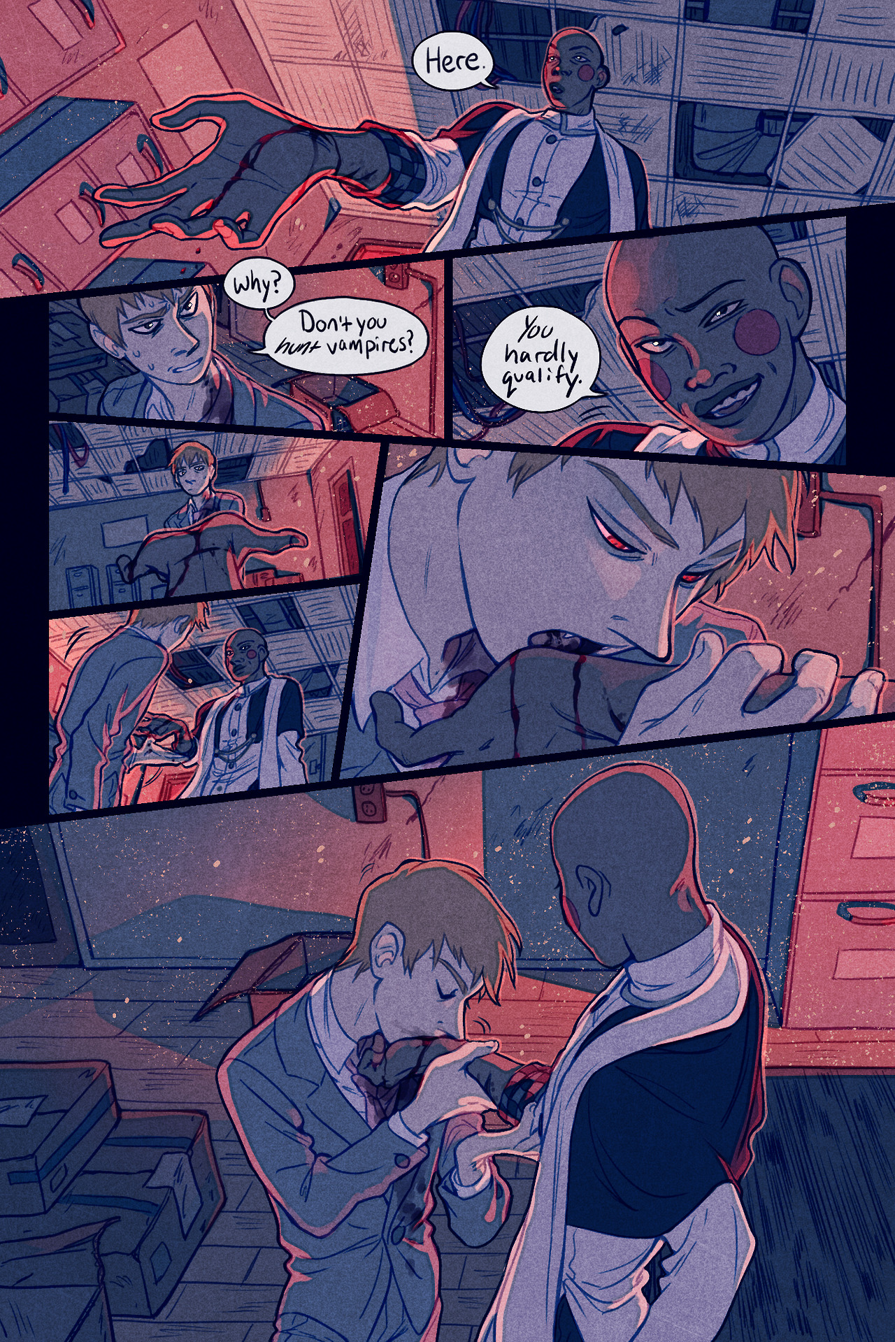 this comic panel depicts a scene with two men in an office setting. the lighting is dramatic, suggesting a night scene. the first panel shows one man, seemingly a vampire, biting another man on the neck. there's blood and a look of pain on the bitten man's face. the second panel continues the scene, with the vampire now holding the bitten man's hand and seeming to comfort him. the scene implies a complex relationship between the two characters, possibly exploring themes of horror, romance, and the supernatural.