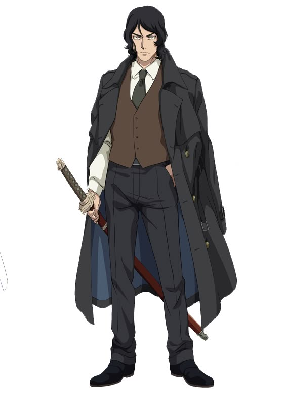 the image shows a male anime character standing in a serious pose. he is wearing a black suit with a brown vest and a long black coat. he is holding a sword in his right hand. the character has long dark hair and brown eyes. he is standing in front of a white background.