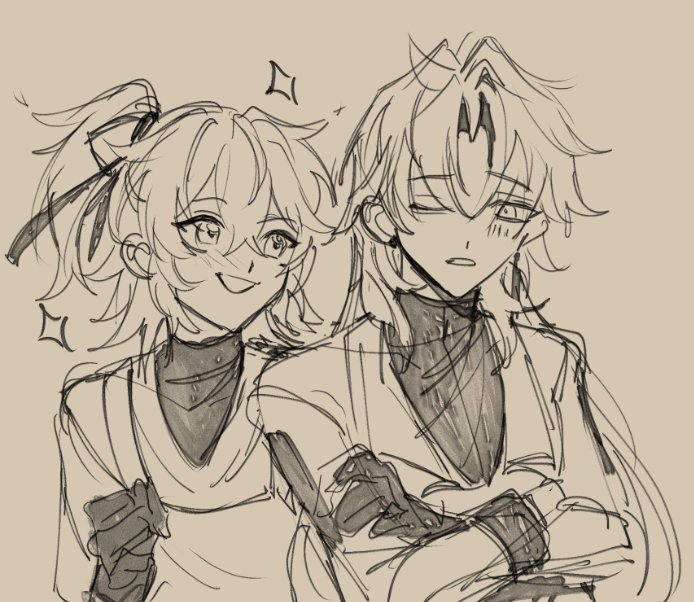a black and white drawing of an anime couple. the girl is on the left and has her hair in a ponytail. she is smiling and looking at the viewer. the boy is on the right, and he is looking at the girl with a serious expression. he has his arms crossed and is wearing a long coat. they are both wearing stylish clothing.  the background is a light brown color. the drawing is done in a sketchy style with a few lines of text and small details.  the drawing is lighthearted and sweet.  the style is reminiscent of manga.