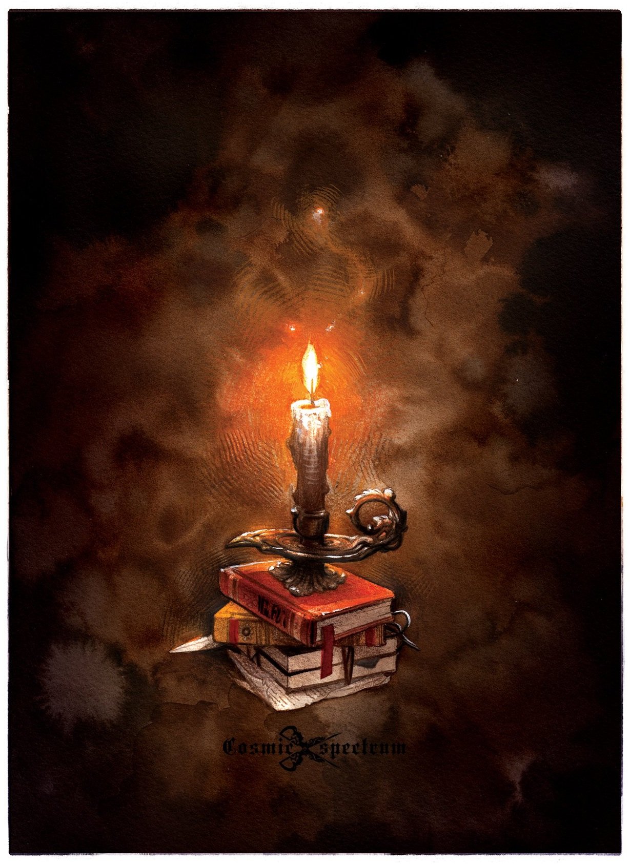 the image is a watercolor painting or illustration depicting a single lit candle on a candlestick. the candlestick sits atop a small stack of old, vintagelooking books.  the background is dark and moody, with a brownishsepia tone, suggesting a dimly lit room or study. the light from the candle is the primary light source, casting a warm glow and creating shadows. the overall atmosphere is mysterious, evocative, and perhaps slightly gothic.  the style is painterly, with visible brushstrokes and watercolor texture. a signature, "cosmic specterium," is visible at the bottom. the scene conveys a sense of quiet contemplation and oldworld charm.