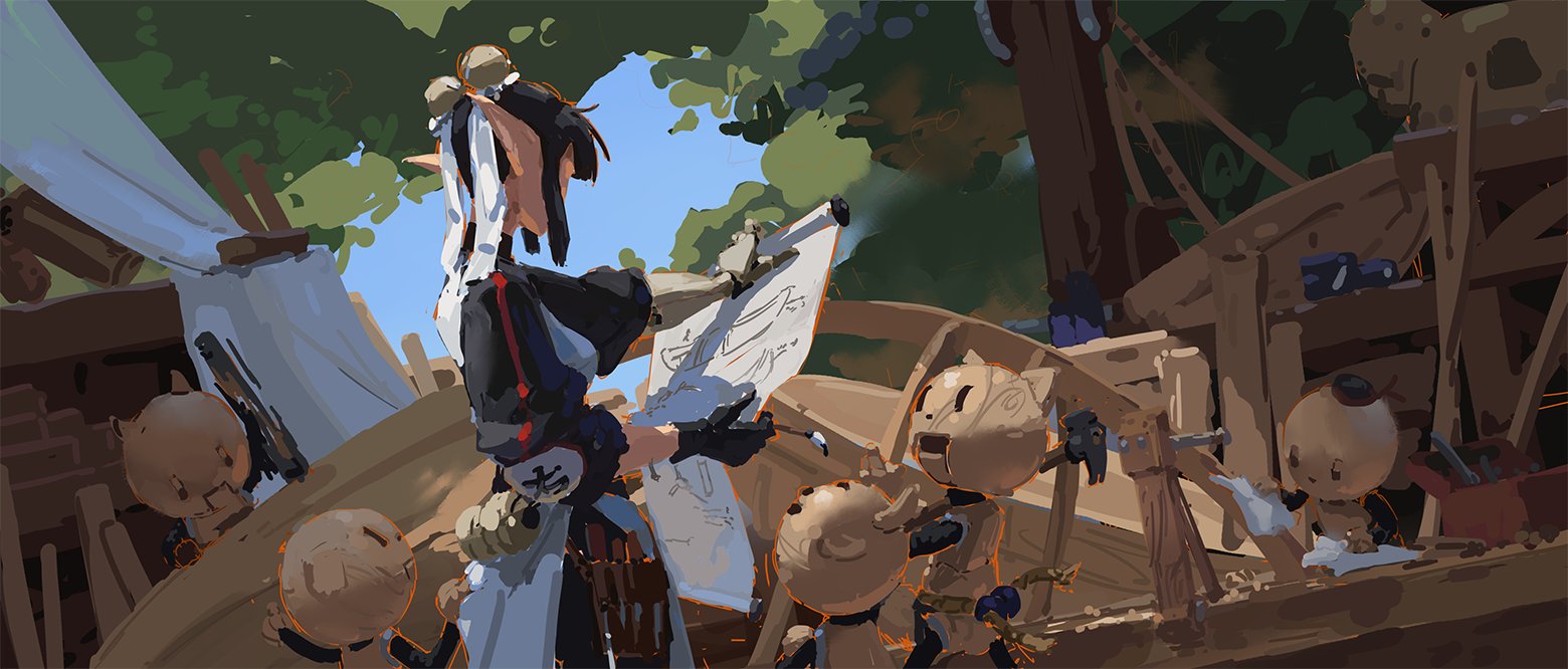 a digital painting of a female elf character, possibly a woodworker or carpenter, reviewing a blueprint amidst a bustling workshop. she is surrounded by small, whimsical wooden figures, some appearing to be helpers or assistants. the scene is set outdoors under the shade of trees, with the bright sunlight peeking through the leaves, casting a warm glow. the overall style is loose and expressive, typical of concept art or a preliminary illustration.  the elf's attire includes an apron and a satchel filled with tools.  the background features various pieces of unfinished woodwork and tools scattered about, suggesting an active, productive work environment. the image has a vibrant yet relaxed tone.
