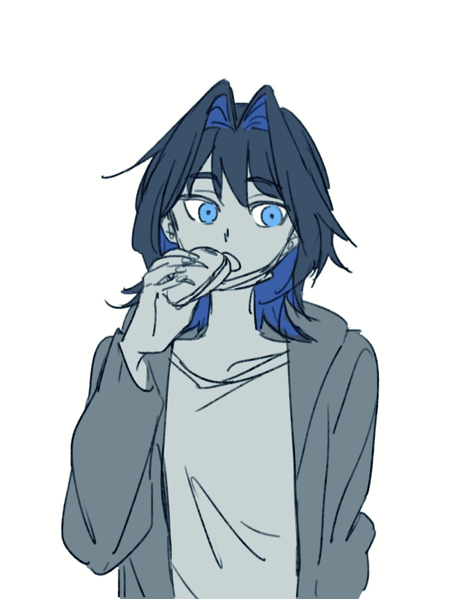 a simple line drawing of a boy with black hair, blue eyes, wearing a tshirt and jacket and holding up a piece of food to his mouth as if he is about to eat it.