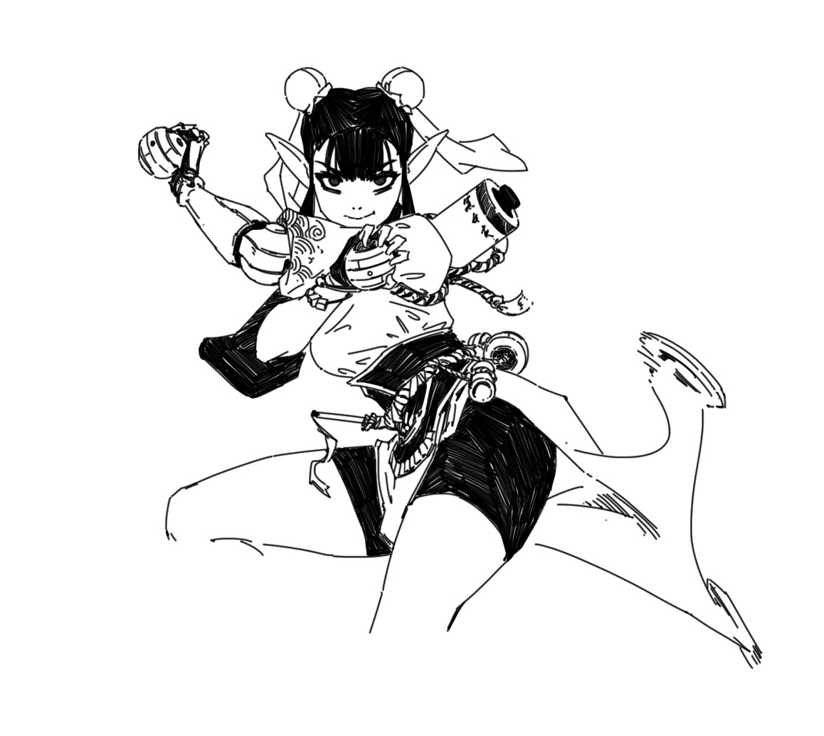 the image is a dynamic black and white ink drawing of an animestyle female elf warrior. she is depicted midaction, possibly midfight or in a powerful pose. her clothing is a mix of traditional and futuristic elements, and she wields what appears to be a strange, perhaps futuristic weapon.  her expression is serious and determined. the style is reminiscent of manga or anime art, with bold lines and shading to create movement and depth. the overall feeling is one of action and power.