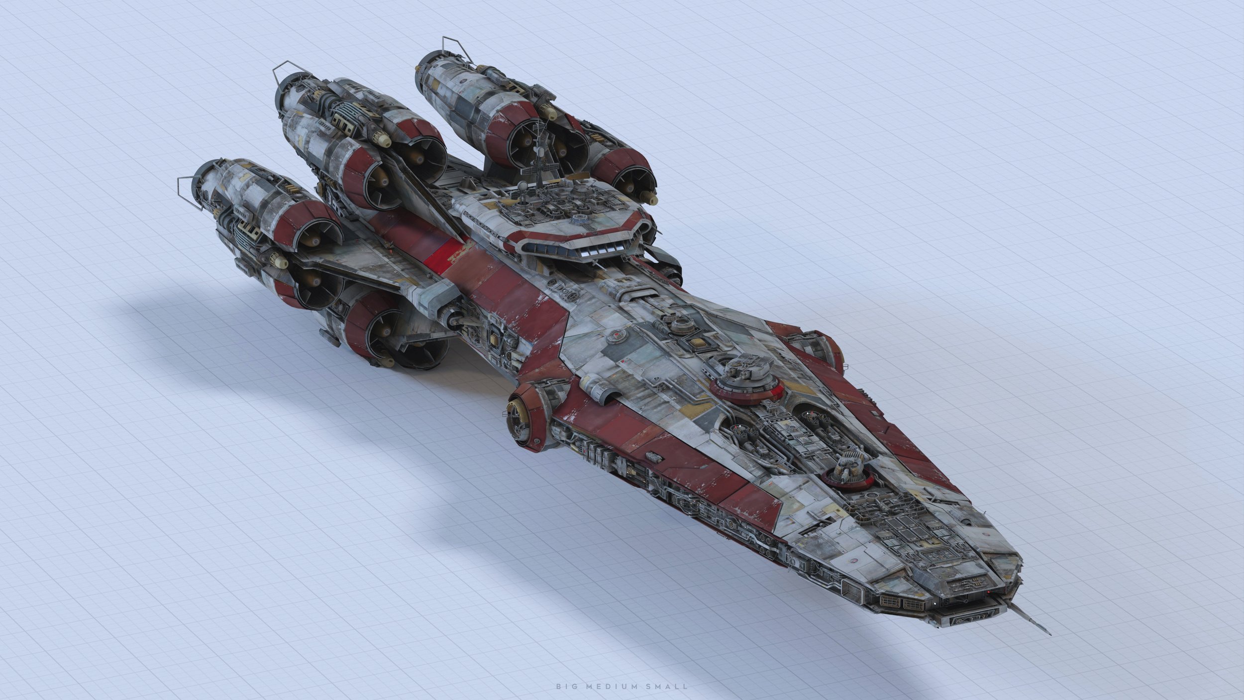 the image is a highquality 3d rendering of a large, detailed spaceship. the vessel resembles a battlecruiser or cruiser, displaying a weathered and aged appearance with a predominantly grey, white, and reddishbrown color scheme.  its design incorporates multiple engines at the rear, suggesting high power and speed. the spaceship is shown from a slightly elevated, isometric perspective against a light grey gridded background, highlighting the intricacy of its design and the wear and tear on its surface. the overall style evokes a science fiction or space opera setting.