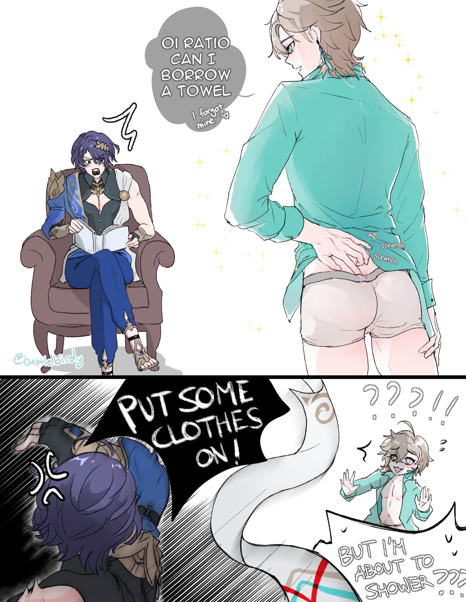 he image is a fourpanel comic featuring characters from the video game genshin impact.  the first panel shows a character resembling albedo requesting a towel from another character.  the second panel zooms in on the second character who is only wearing underwear, suggesting they are about to shower.  the third panel features a different character reacting to the lack of clothing and demanding clothes be put on. the fourth panel shows the second character explaining that they are about to shower. the overall style is lighthearted and humorous, with expressive character designs and exaggerated reactions. the art style is animeinfluenced, with clean lines and soft shading.
