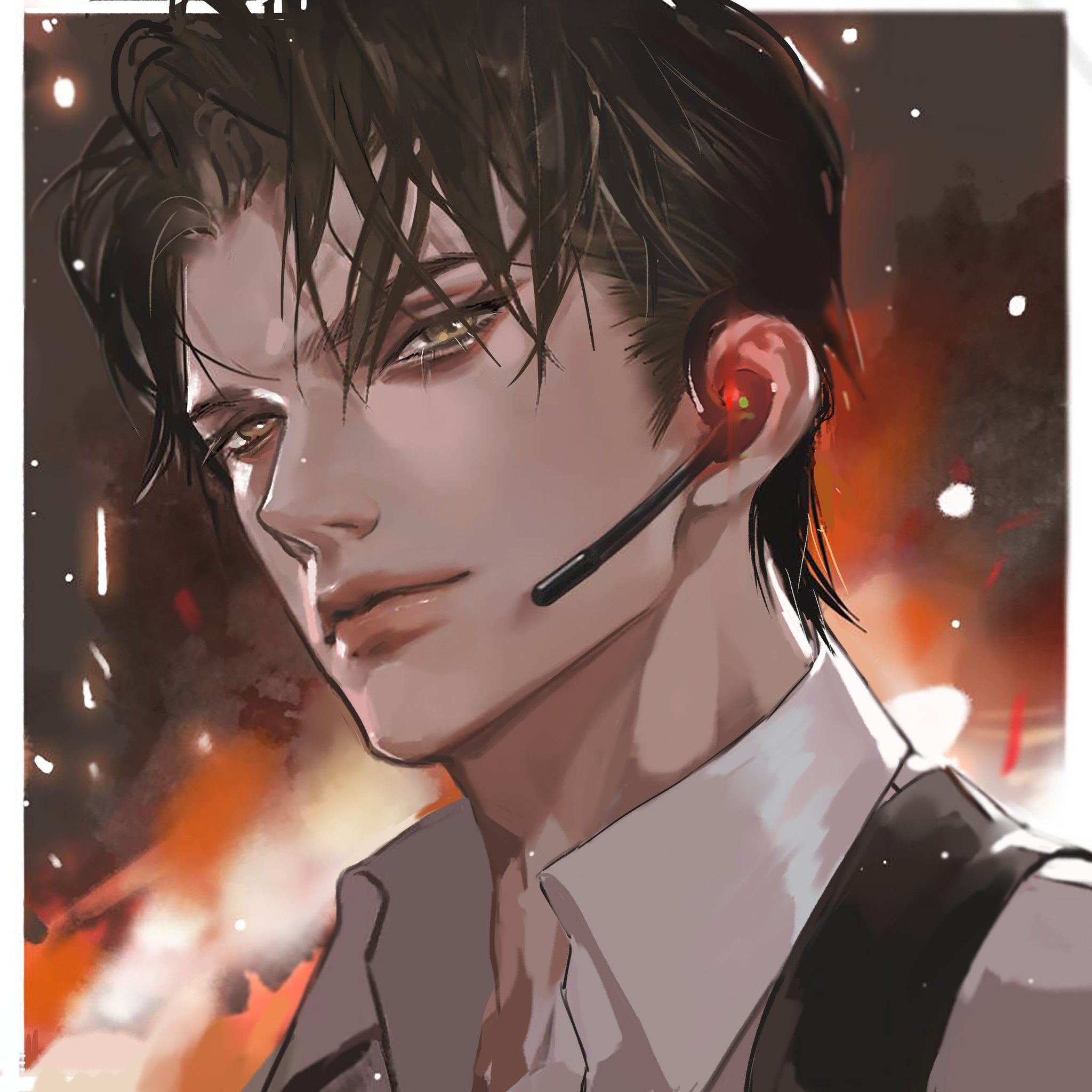 the image shows a digital illustration of a young man with short, dark hair and striking golden eyes. he's wearing a white shirt and a black vest, hinting at a formal or tactical attire. a communication device with a red detail is hooked over his ear. the background suggests an intense situation, potentially an explosion or fire, with warm light illuminating the man's face and creating dramatic shadows. his confident and slightly smirking expression suggests he's unfazed by the chaos surrounding him.