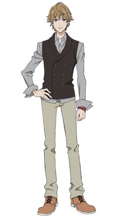 he image showcases a fullbody illustration of a male anime character. he stands against a white background, his attention directed slightly to the left. his brown hair is styled with a slight part and falls around his face. he wears a stylish ensemble consisting of a gray buttondown shirt, a dark brown vest, beige pants, and brown shoes. the illustration emphasizes his slender build and casual yet puttogether attire. the soft lighting and neutral color palette contribute to the overall calm and approachable demeanor of the character.