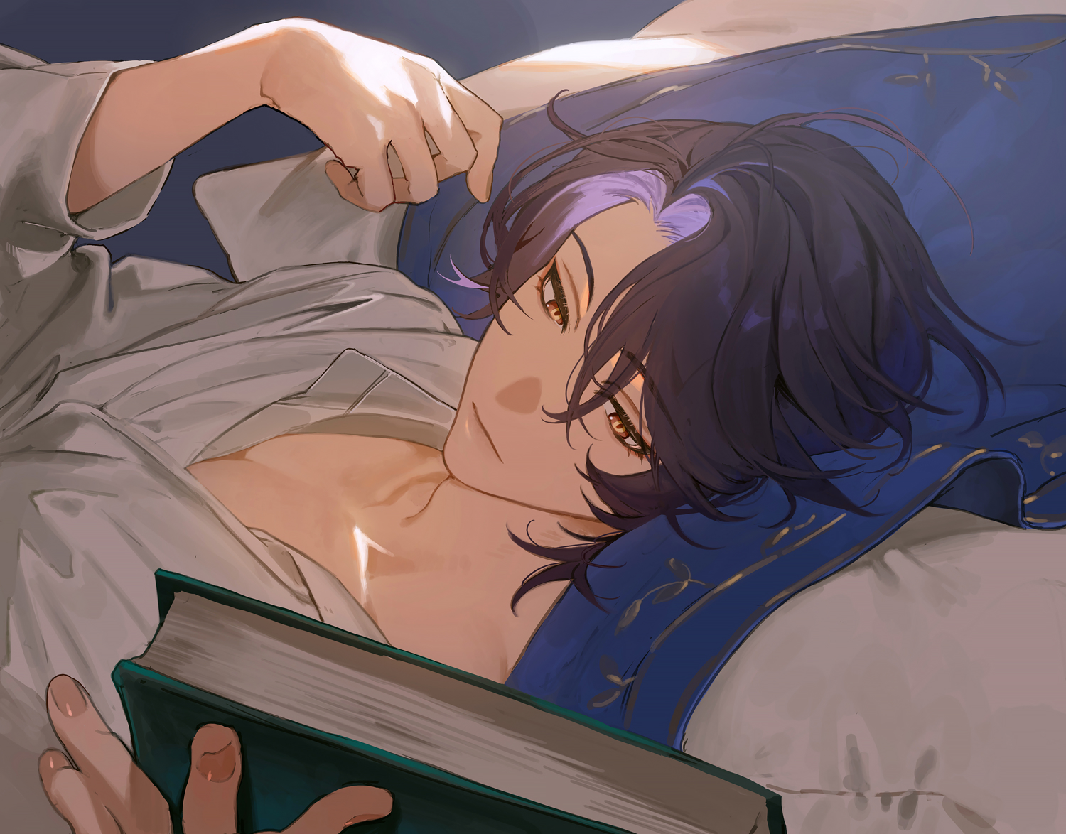 the image is a digital painting of a young animestyle man lying comfortably in bed, partially propped up on his elbow. he has dark hair with streaks of purple, gold eyes, and is wearing a loose, lightcolored shirt. he appears relaxed and possibly sleepy, and he is holding a book, suggesting he may have been reading before dozing off. the scene is softly lit, creating a warm and peaceful atmosphere. the style is reminiscent of anime and manga art.
