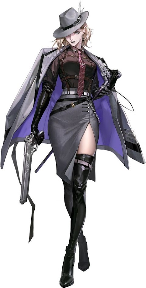 the illustration shows a woman character from anime, in a stylish, almost cyberpunk aesthetic. she is dressed in a grey coat with a purple lining, a grey skirt, black gloves and boots. the woman has blonde hair and wears a grey hat. she holds a gun in her left hand. the character seems powerful and serious, with a strong and confident pose. the background is white.